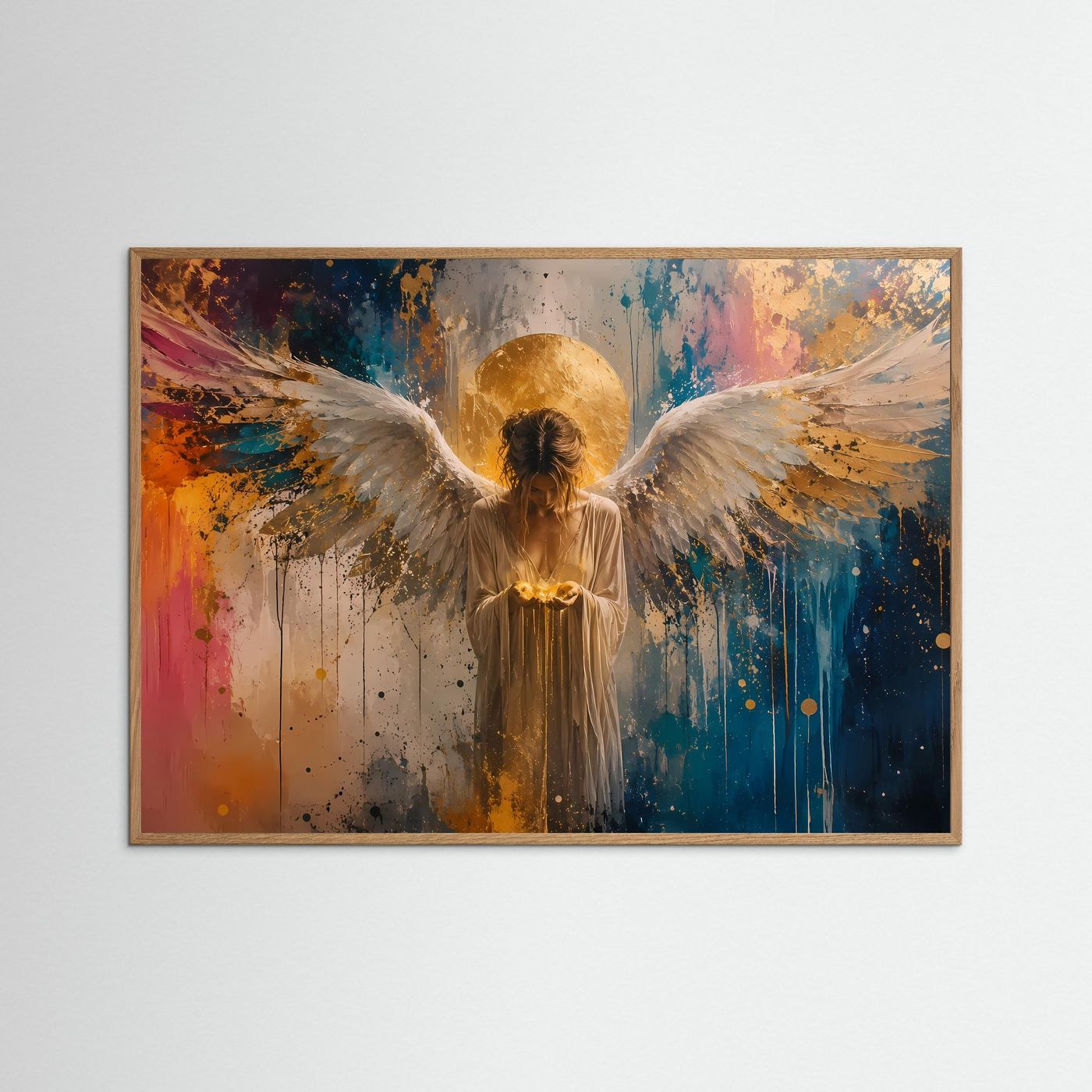 Himmlischer Engel in Gold & Farbe | Modernes Wandbild & Kunstdruck Querformat