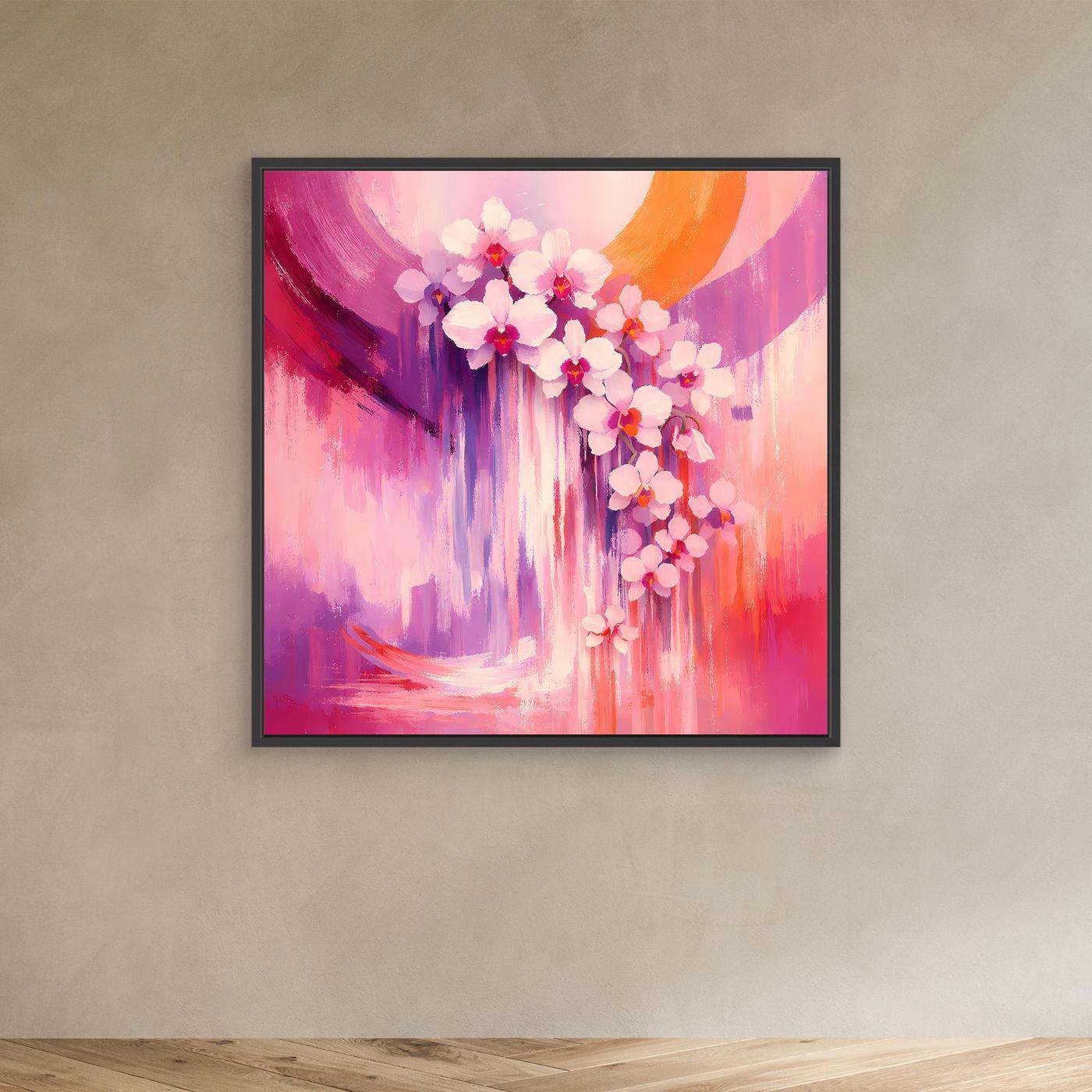 Leinwandbild mit abstrakten Orchideenblüten, pink-violetter Farbmischung mit schwarzem Rahmen