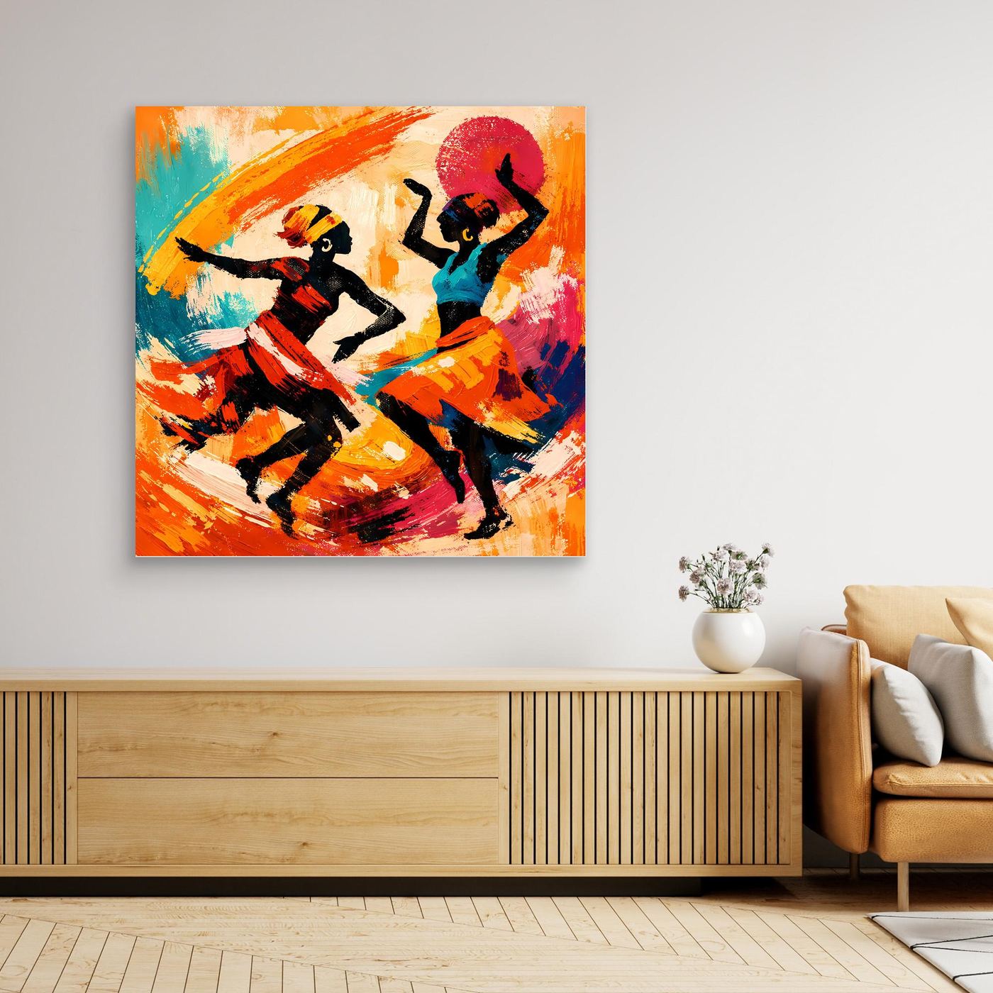 Leinwand Tanzende Afrikanerinnen im Sonnenuntergang | Abstraktes Ethno Pop Art Wandbild