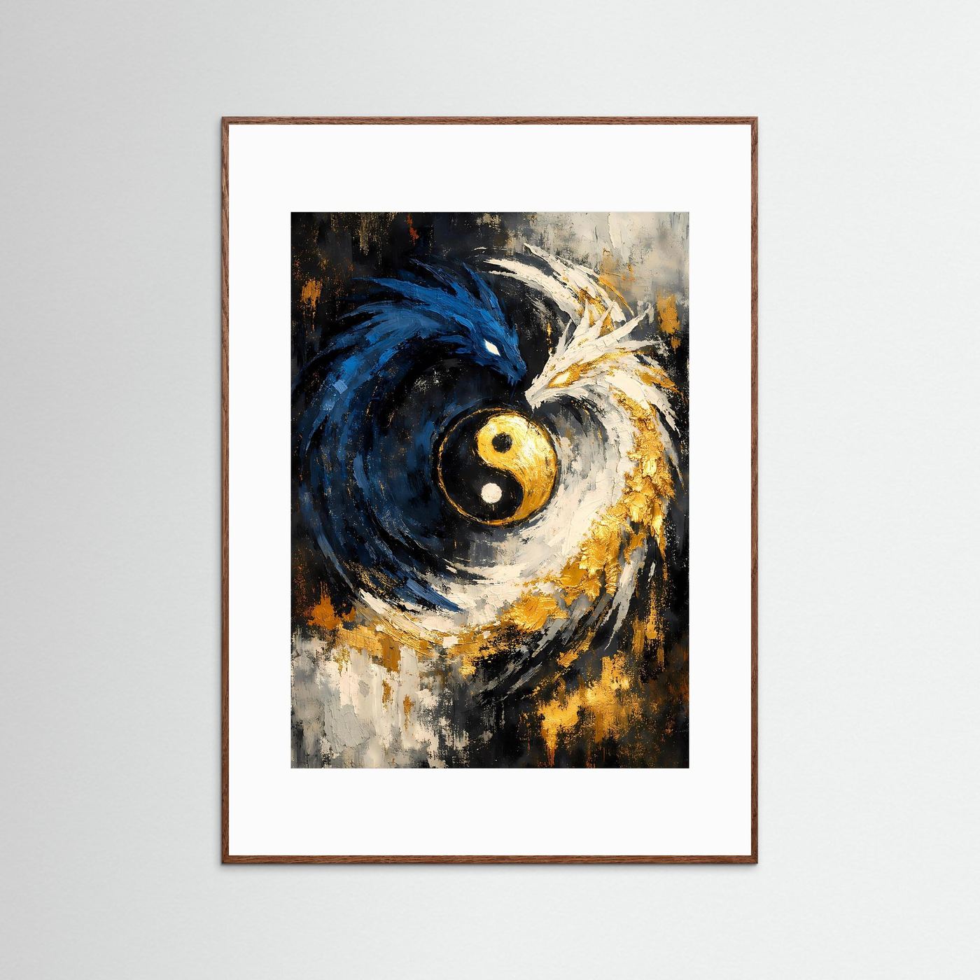 Poster: blauer Drachenwirbel mit Yin-Yang, goldener Kreis, abstrakte Fantasykunst, Hochformat, brauner Rahmen