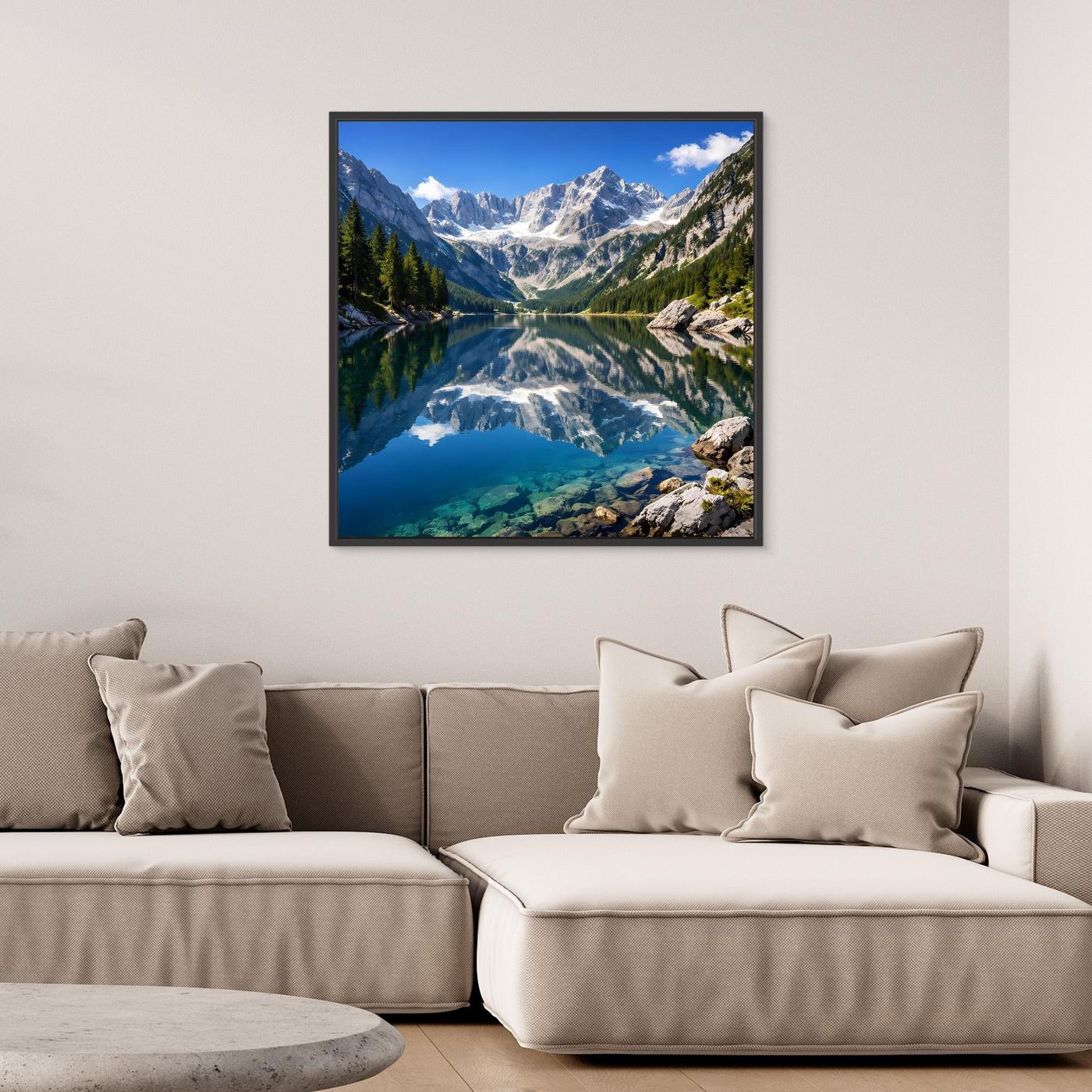 Leinwandbild Alpenpanorama mit blauem Rand und hellem Holzrahmen