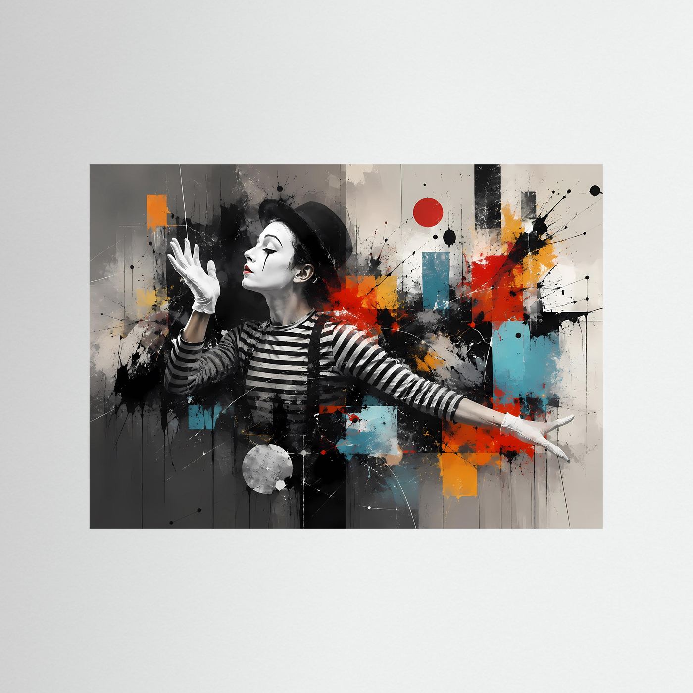 Ausdrucksstarker Pantomime im abstrakten Farbspiel | Modernes Kunst- & Theater-Poster Querformat