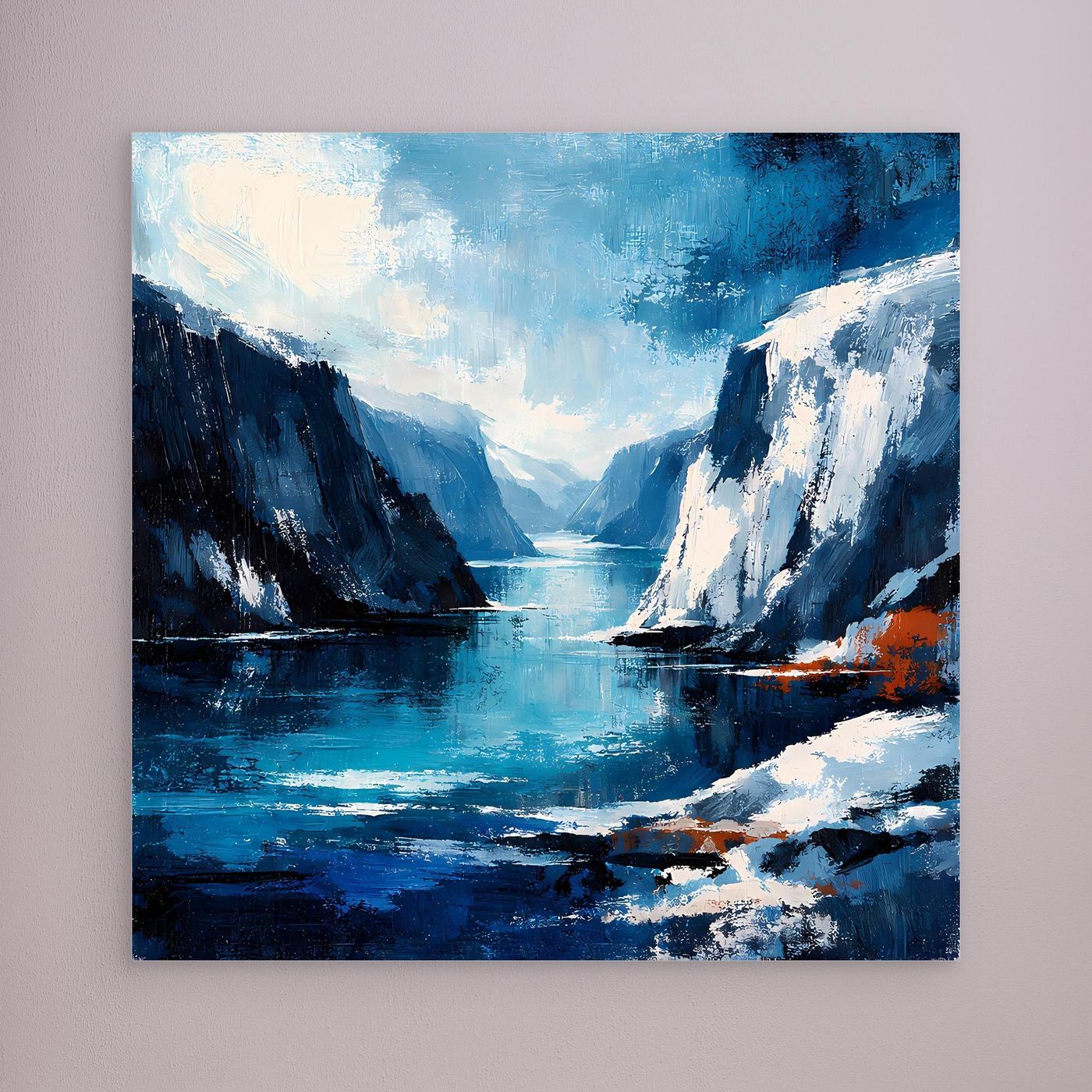 Leinwand-Wandbild mit abstrakter Felsküste und blauem Meer, ohne Rahmen