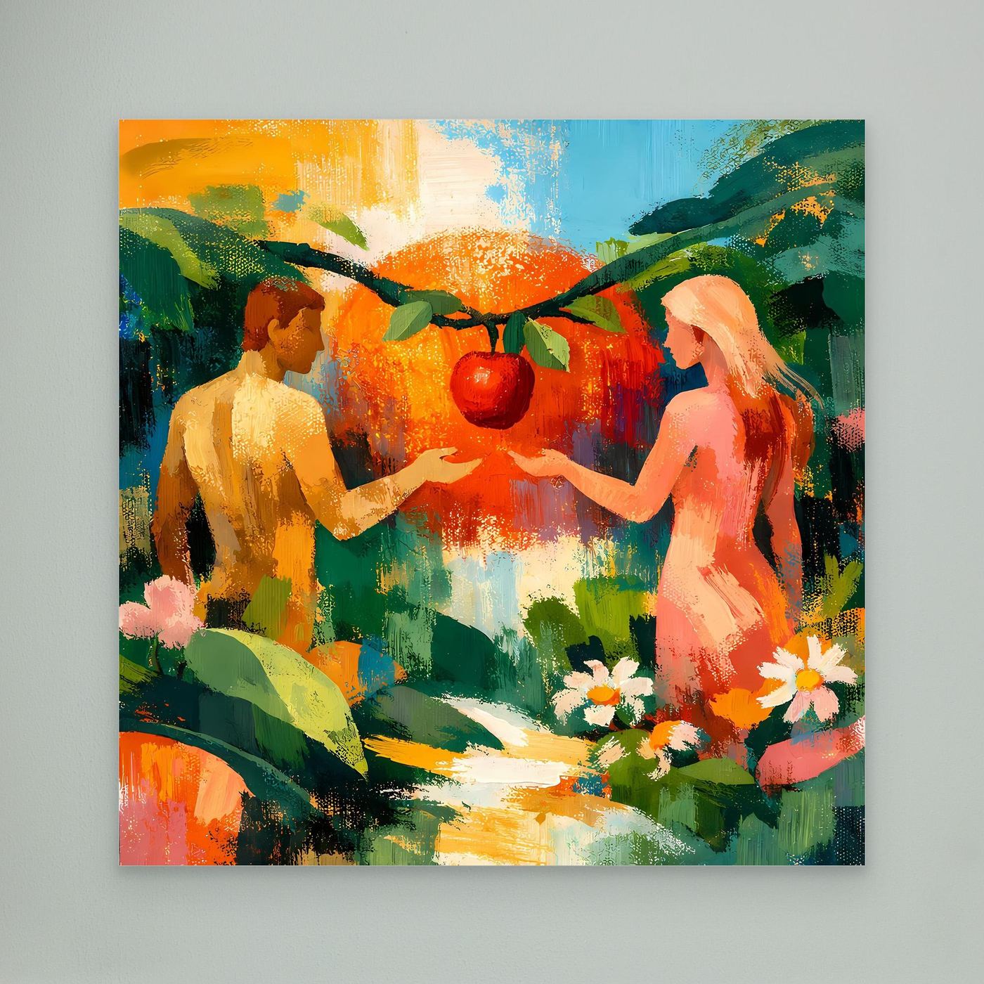 Abstract garden Eden wall canvas with two nude figures holding red fruit and blooms