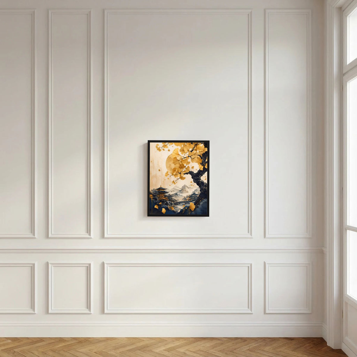 Wandposter im Hochformat mit Pagode, goldgelbem Ginkgobaum, Bergen und Fluss