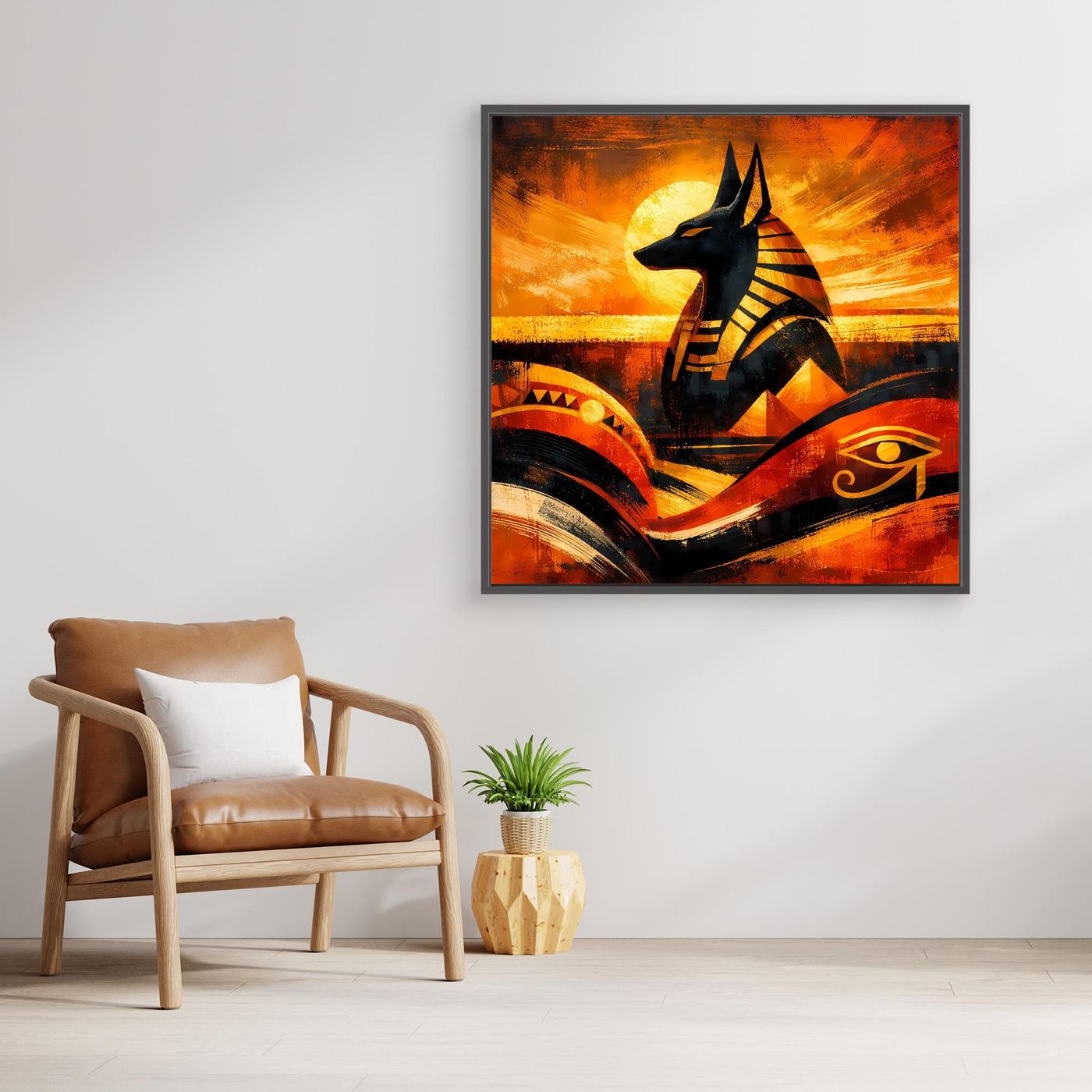 Leinwand-Wandbild mit schwarzem Anubis und gelb-roten Farbflächen, brauner Rahmen
