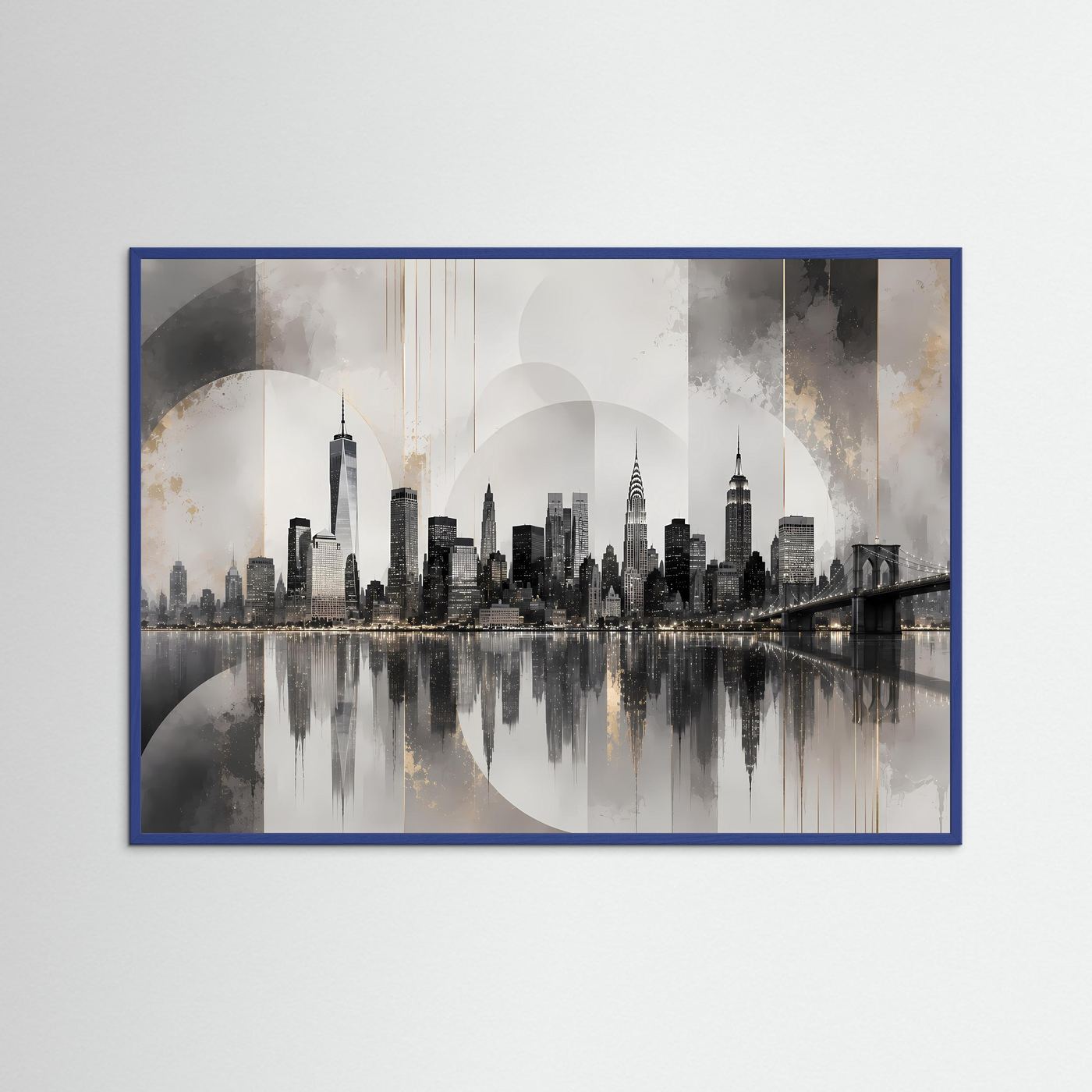 Querformatiges Skyline-Poster mit Brückenmotiv im blauem Rahmen, Grau-Schwarz-Creme