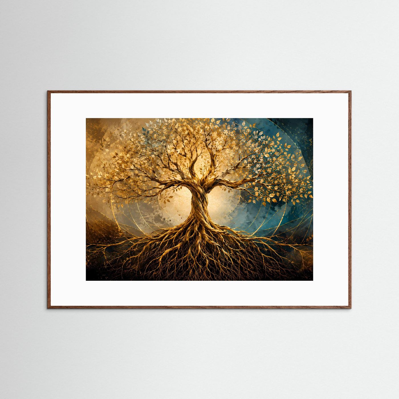 Baum des Lebens Poster | Goldener Lebensbaum mit Wurzeln | Spirituelle Wandkunst | Heilige Geometrie | Abstrakte Gold Schwarz Leinwand | Premium Wall Art