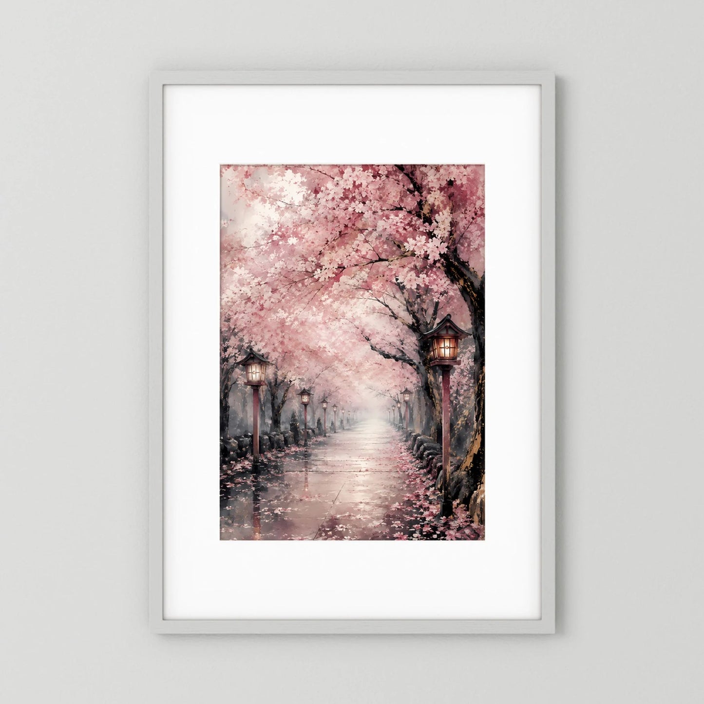 Poster im Rahmen: rosa Kirschblütenallee mit Laternen, wandtauglicher Hochformat-Druck.