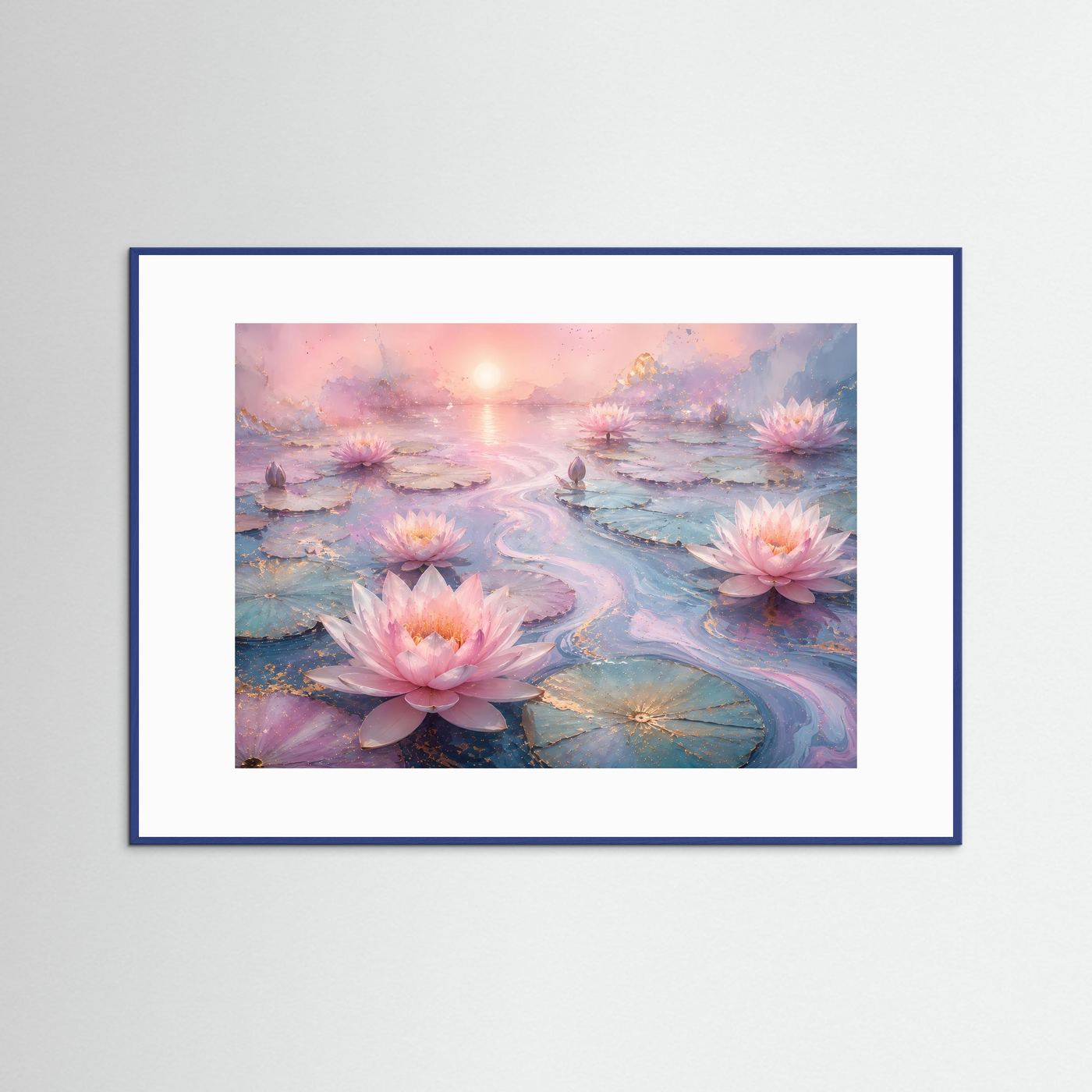 Lotusblüten Poster Querformat | Rosa Seerosen auf Wasser | Elegante Zen Wandkunst in Pastell