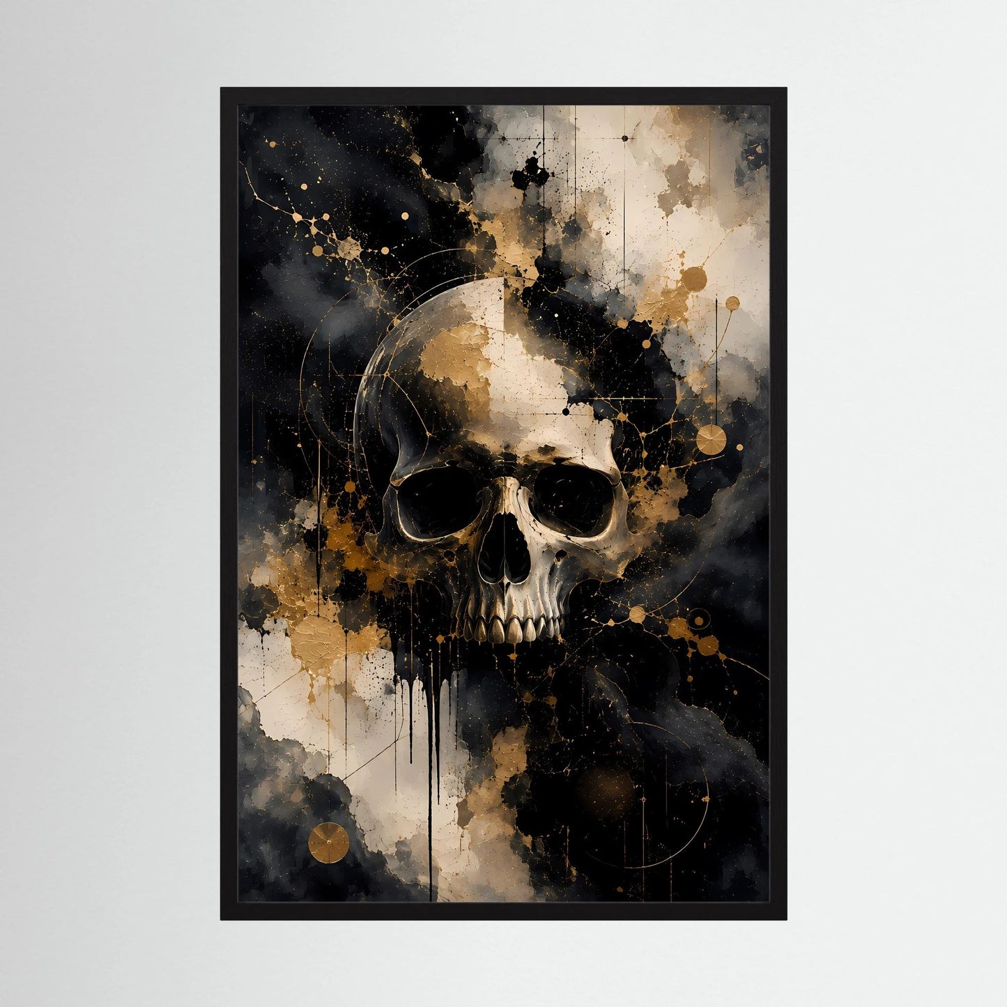 Schwarz gerahmtes Totenkopf-Poster im Hochformat, schwarz, weiß und gold