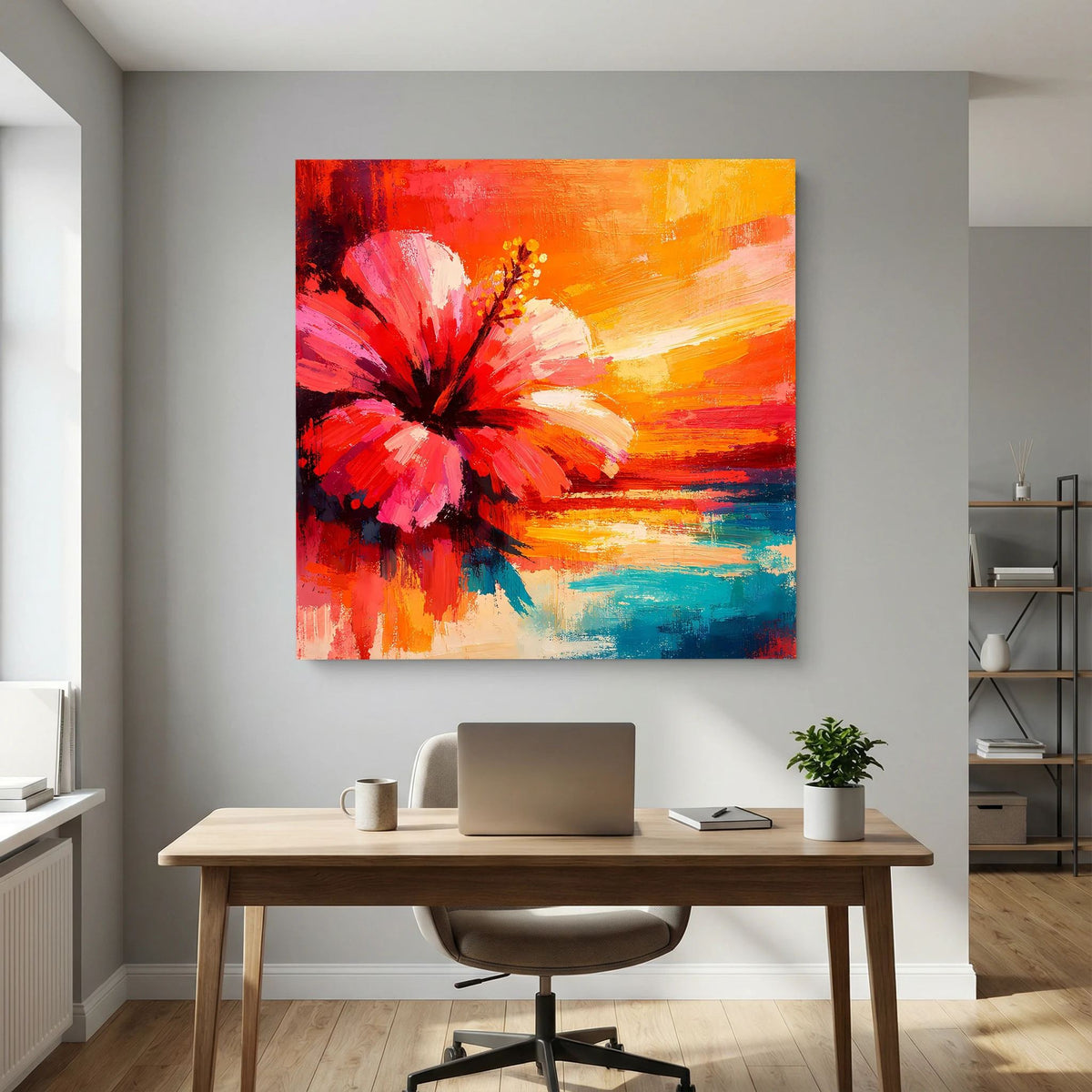 Hibiskusblüten-Abstraktbild auf Leinwand über Schreibtisch, rote Blüte, orange-blaues Farbband