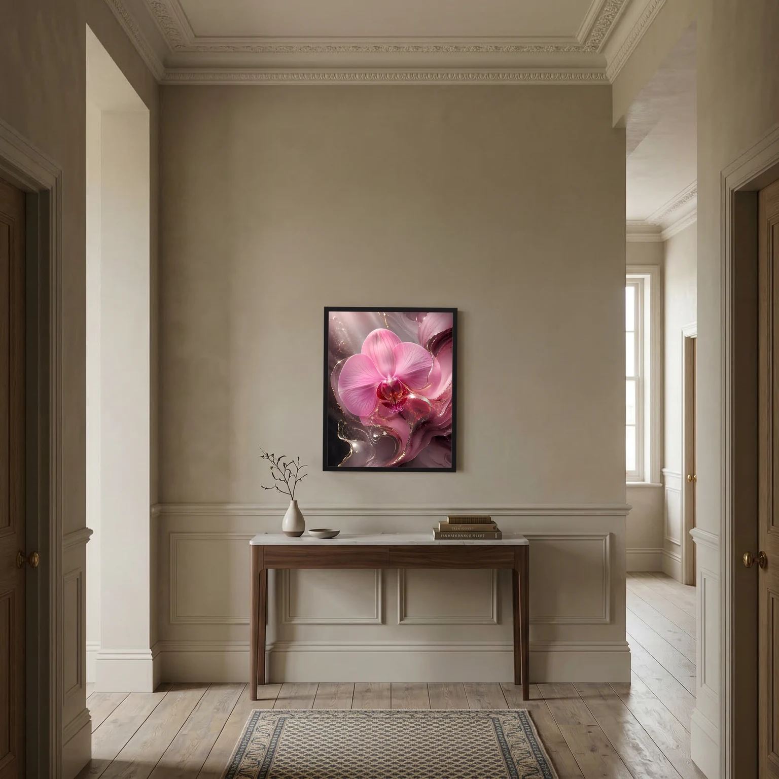 Schwarzer gerahmter Druck mit rosa Orchideenblüte und goldenen Akzenten
