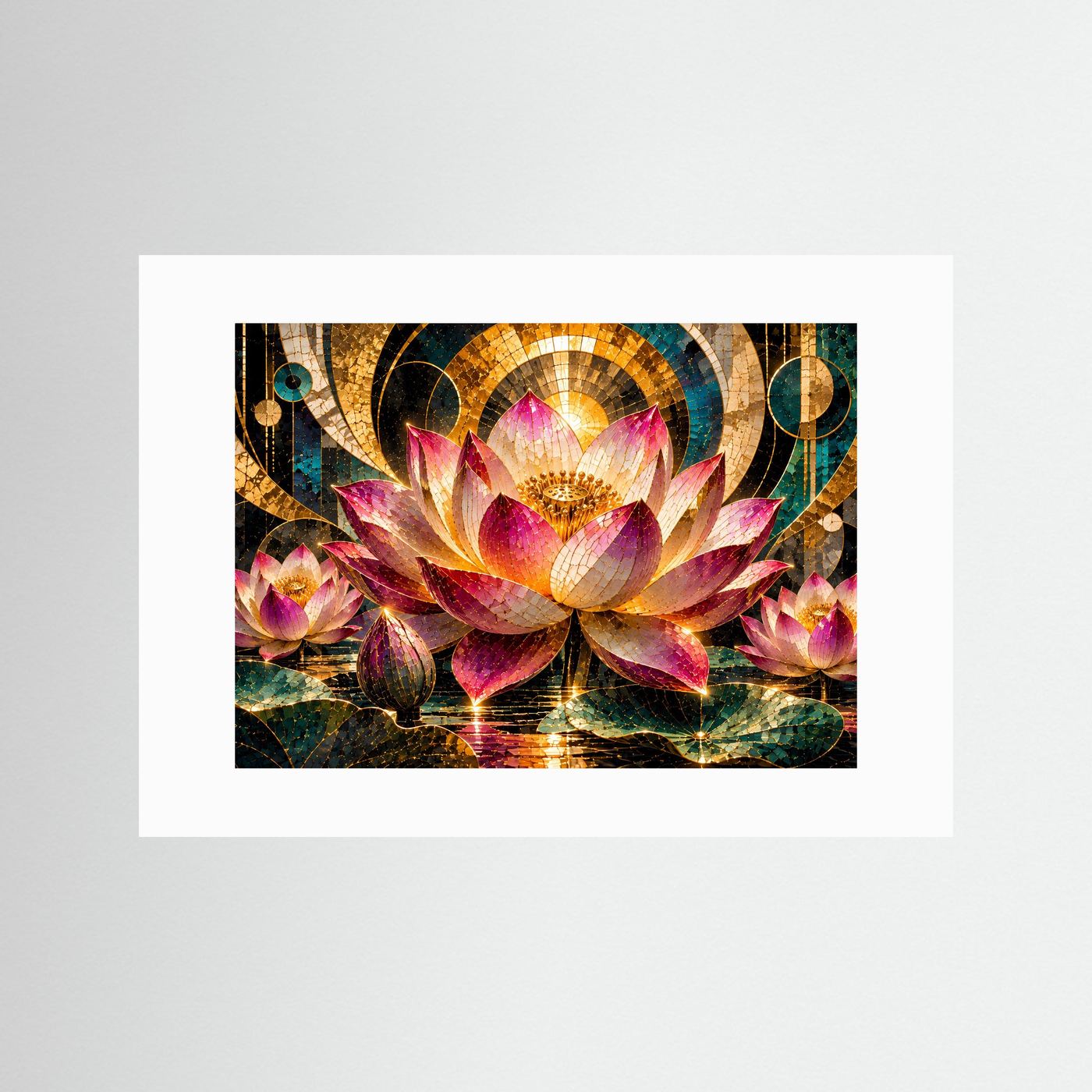 Poster Querformat mit Mosaik-Lotusblüten, Pink Gold Türkis, weißes Passepartout