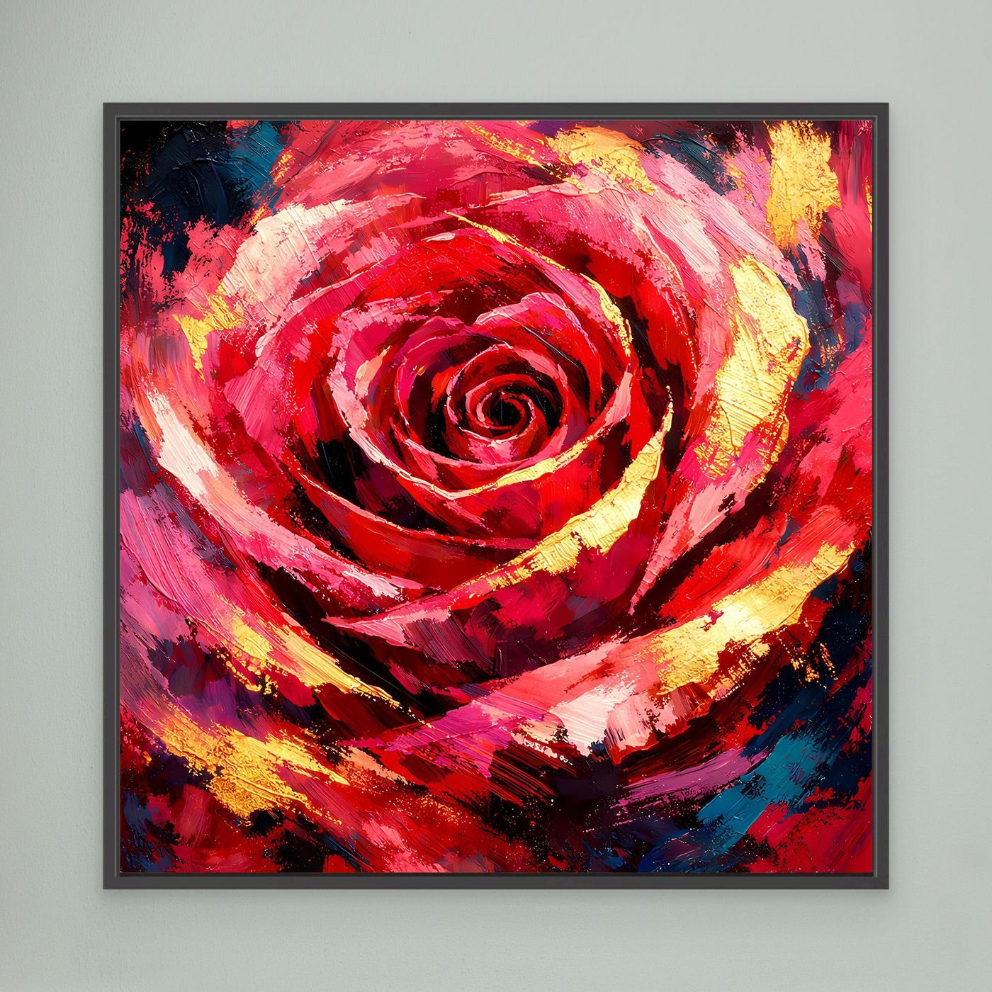Leinwandbild mit abstrakter Rosenblüte, Rot-, Blau- und Gelbtönen, schwarzer Rahmen