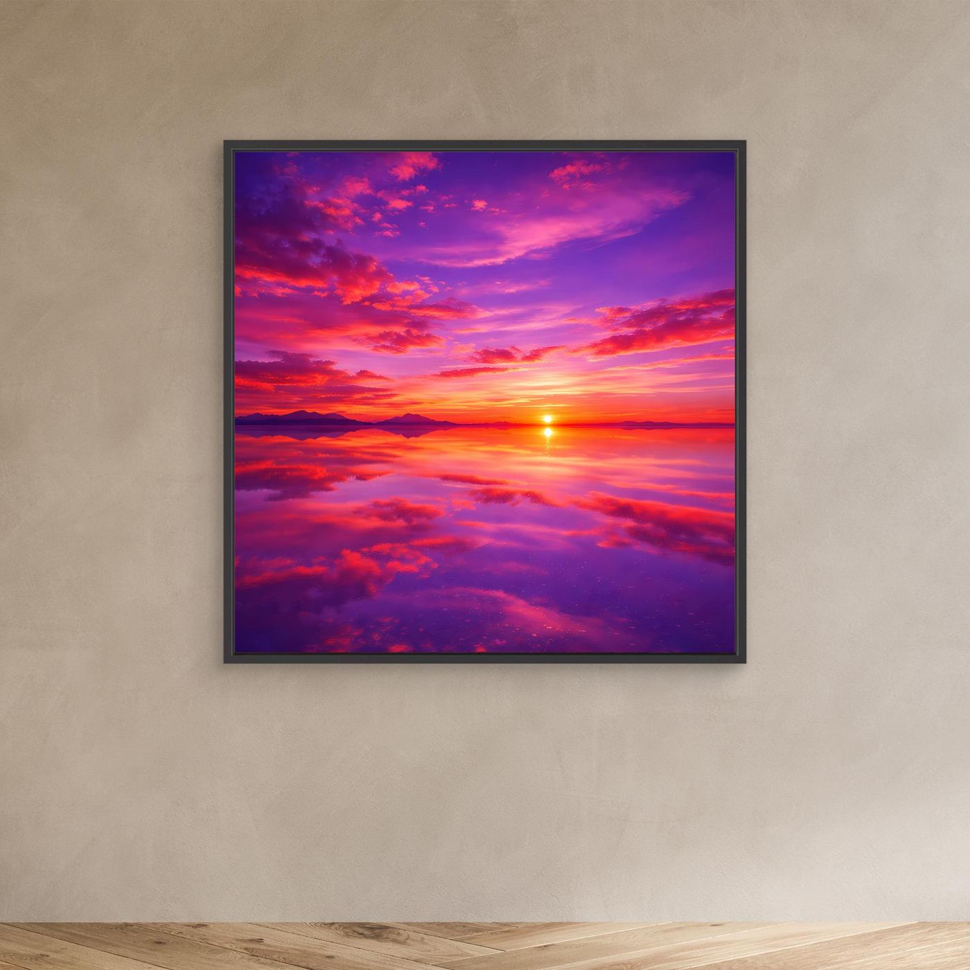 Leinwandbild mit Sonnenuntergangsmotiv, bunte Wolken und leuchtender Horizont, schwarz gerahmt