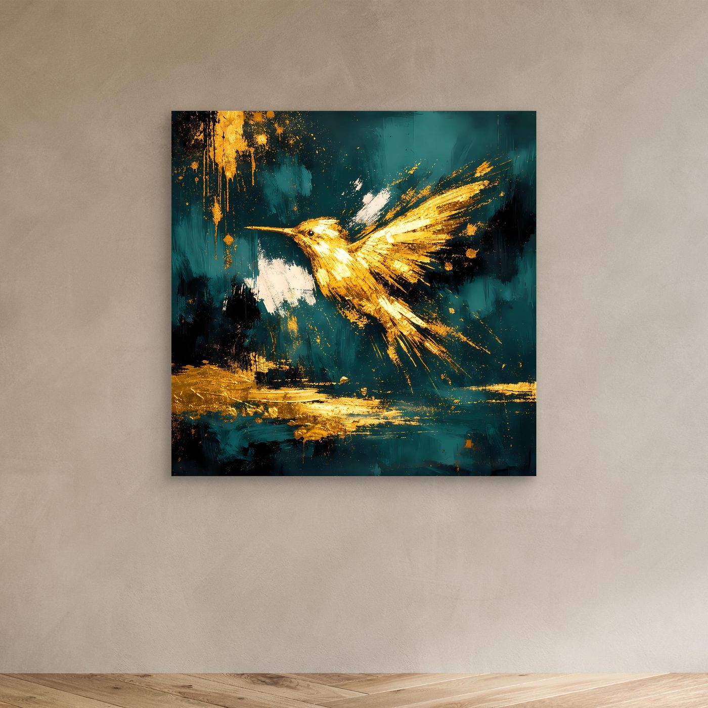 Leinwand Goldener Kolibri im Flug | Abstraktes Modernes Vogel Wandbild Kunst