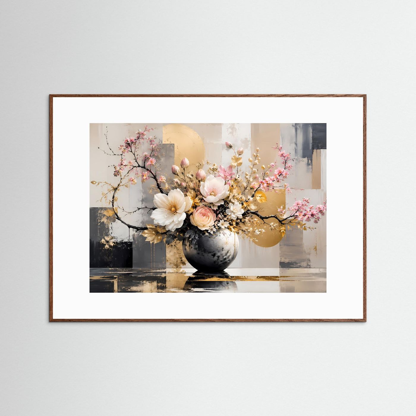 Elegantes Blumenarrangement in Gold & Weiß | Modernes Florales Wandbild Querformat