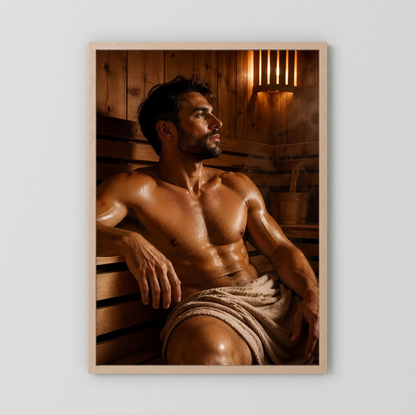 Sauna-Poster mit sitzendem Mann, hellbraun geholzter Rahmen, warmes Holzsauna-Motiv