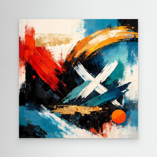 Abstraktes Leinwandbild: rote, blaue & schwarze Pinselstriche, weißes X, orange Kugel.