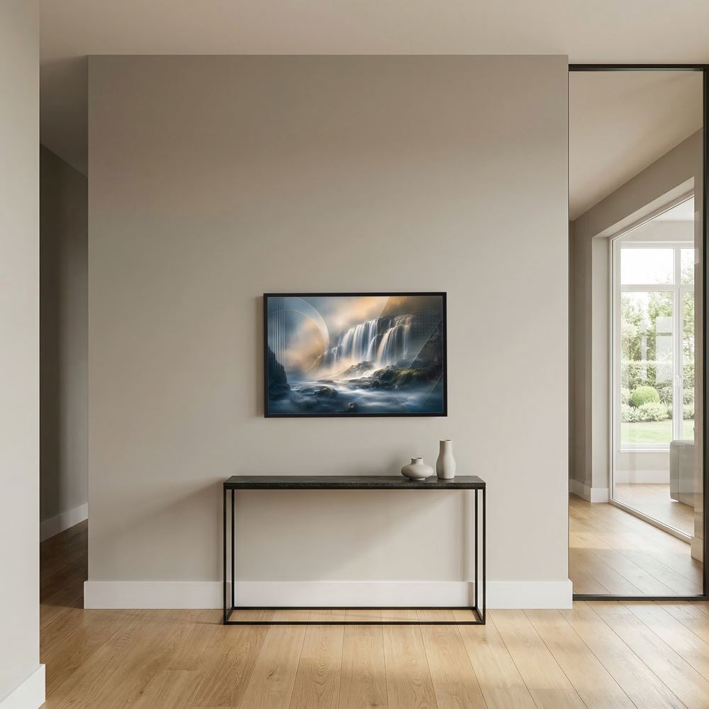 Gerahmtes Poster Querformat mit Wasserfall und Lichtbogen, schwarzer Rahmen