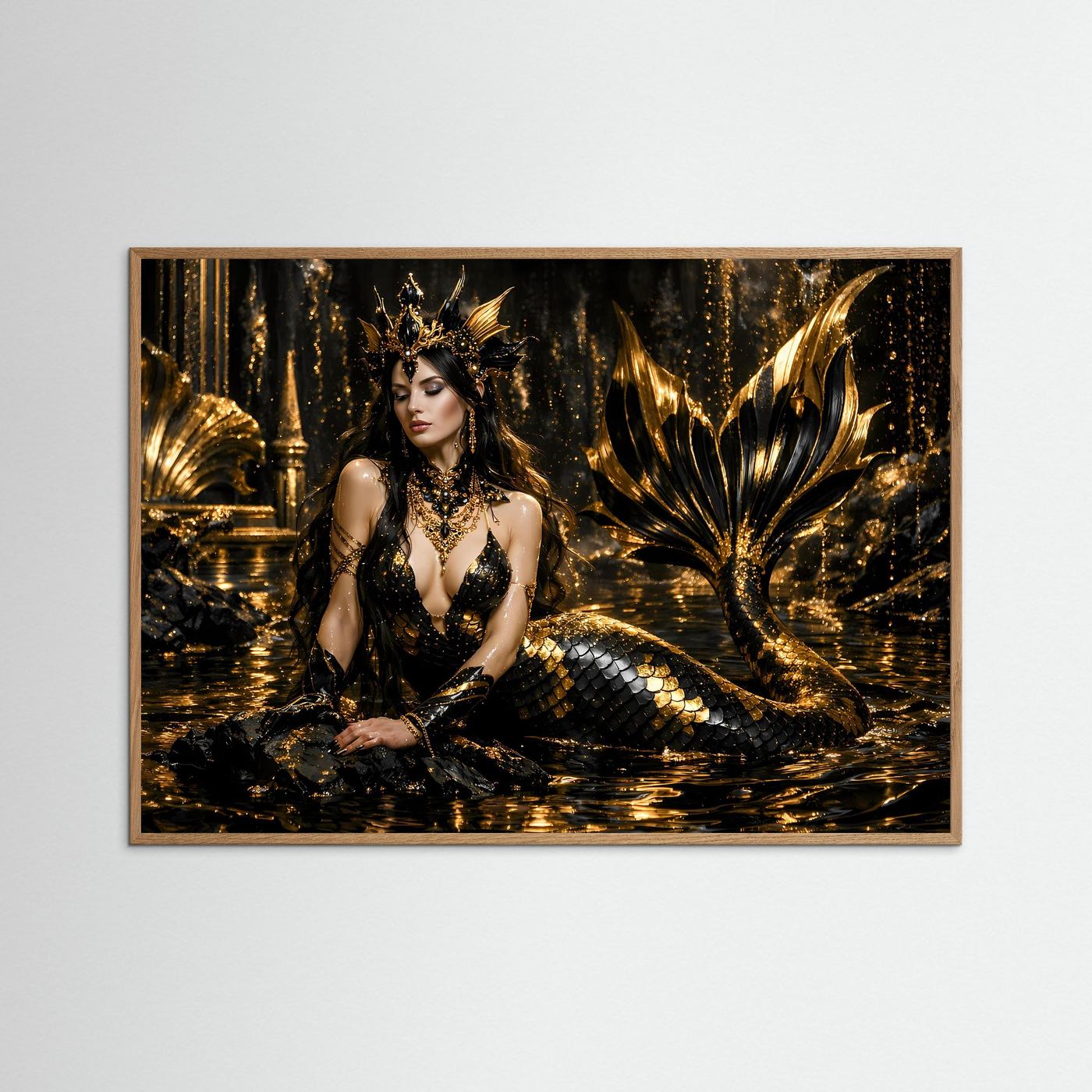 Goldene Meerjungfrau in Schwarz & Gold | Mystisches Fantasy Wandbild Querformat