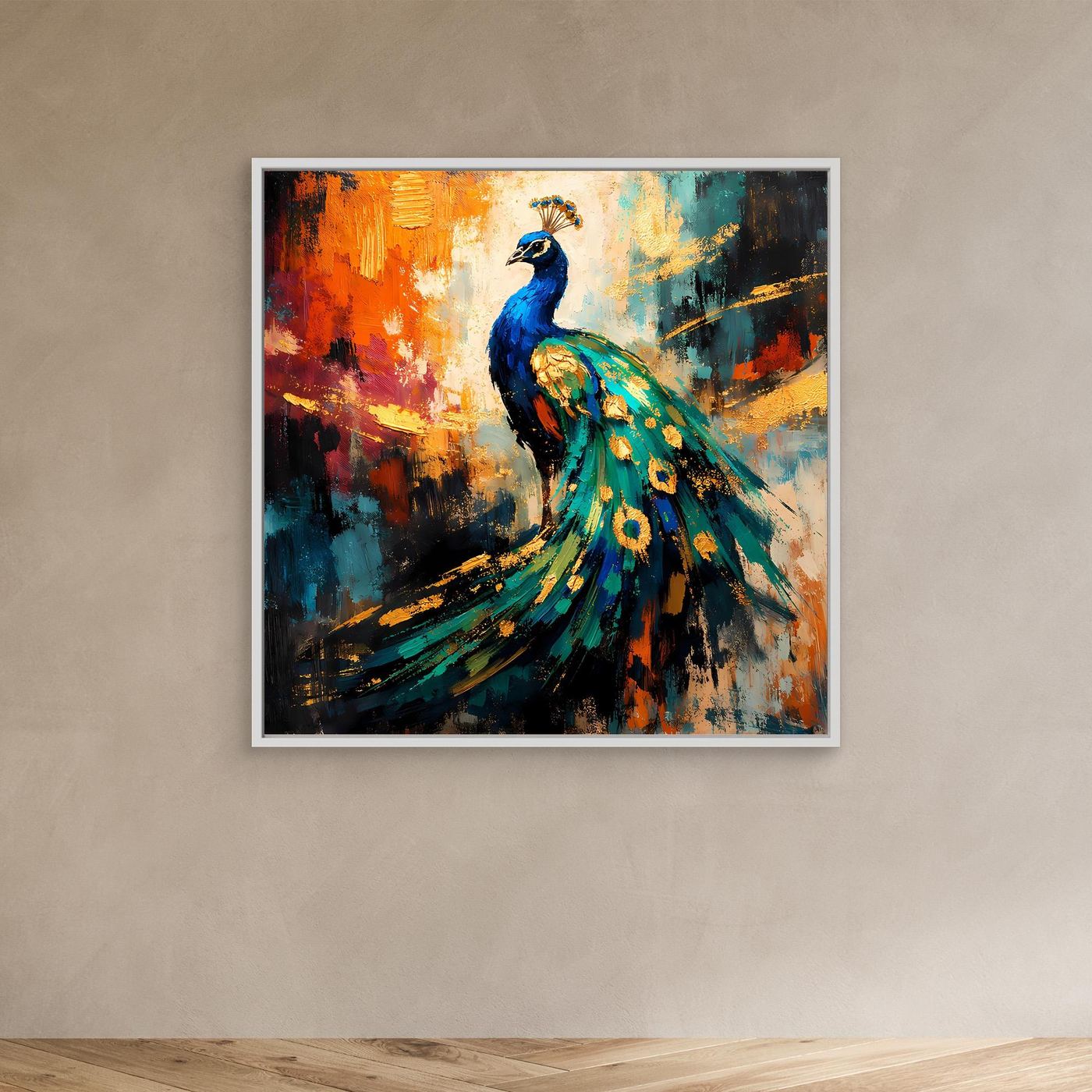 Leinwandbild mit leuchtendem Pfau, abstrakt gemalt, weiß gerahmt