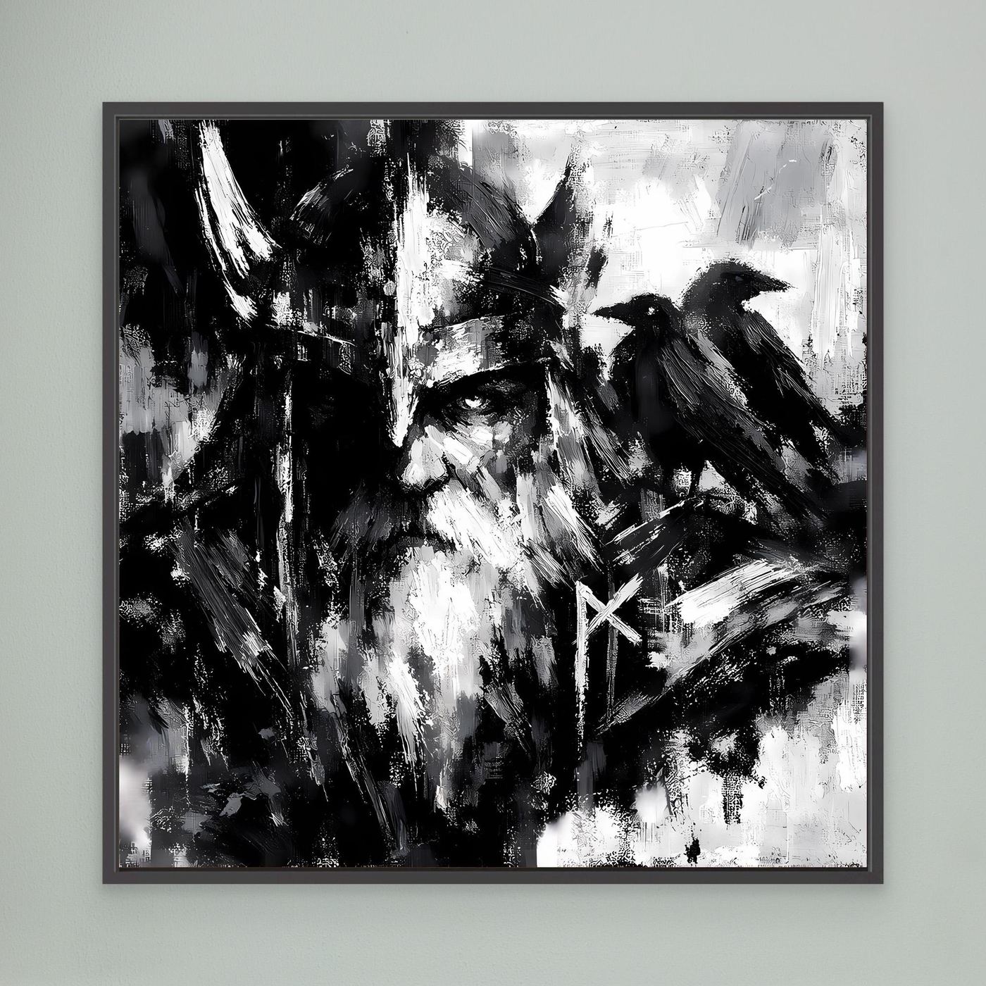 Leinwand-Wandbild mit Odin-Porträt, Rabe und Runensymbol in Schwarzweiß, schwarz gerahmt.