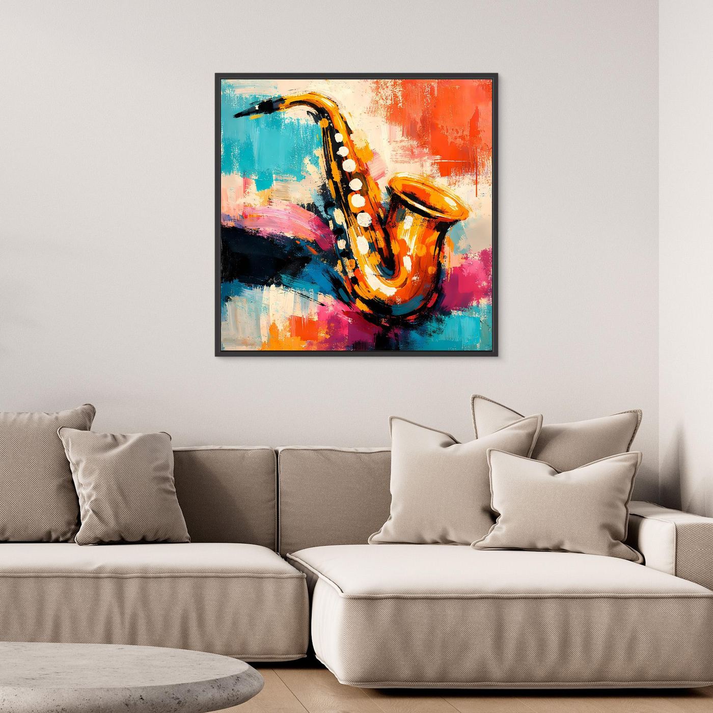 Framed canvas wall art with a colorful abstract saxophone illustration