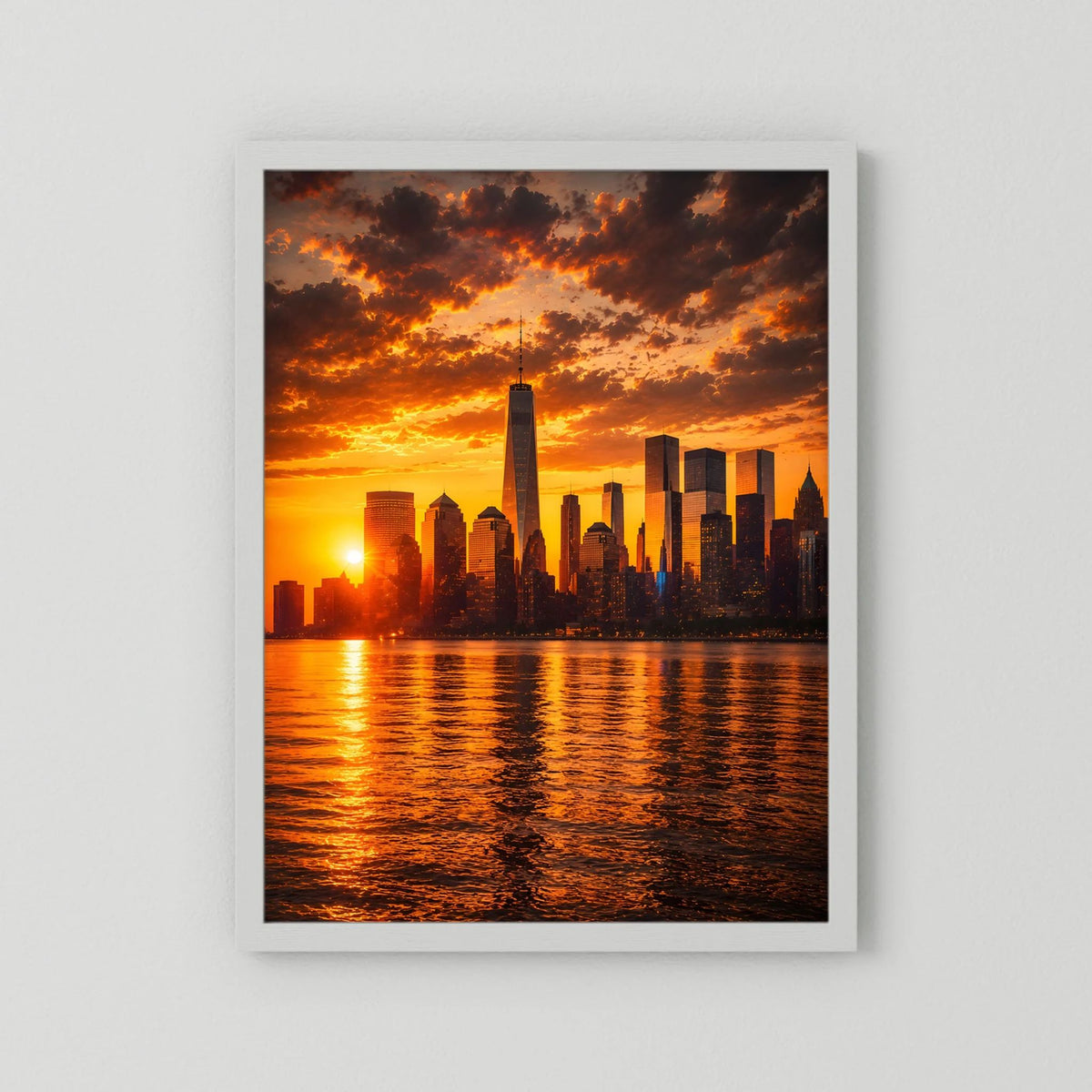 Hochformatiges Poster mit Sonnenuntergang-Skyline und Wasser, warme Orange-Töne, weiß hinterlegt