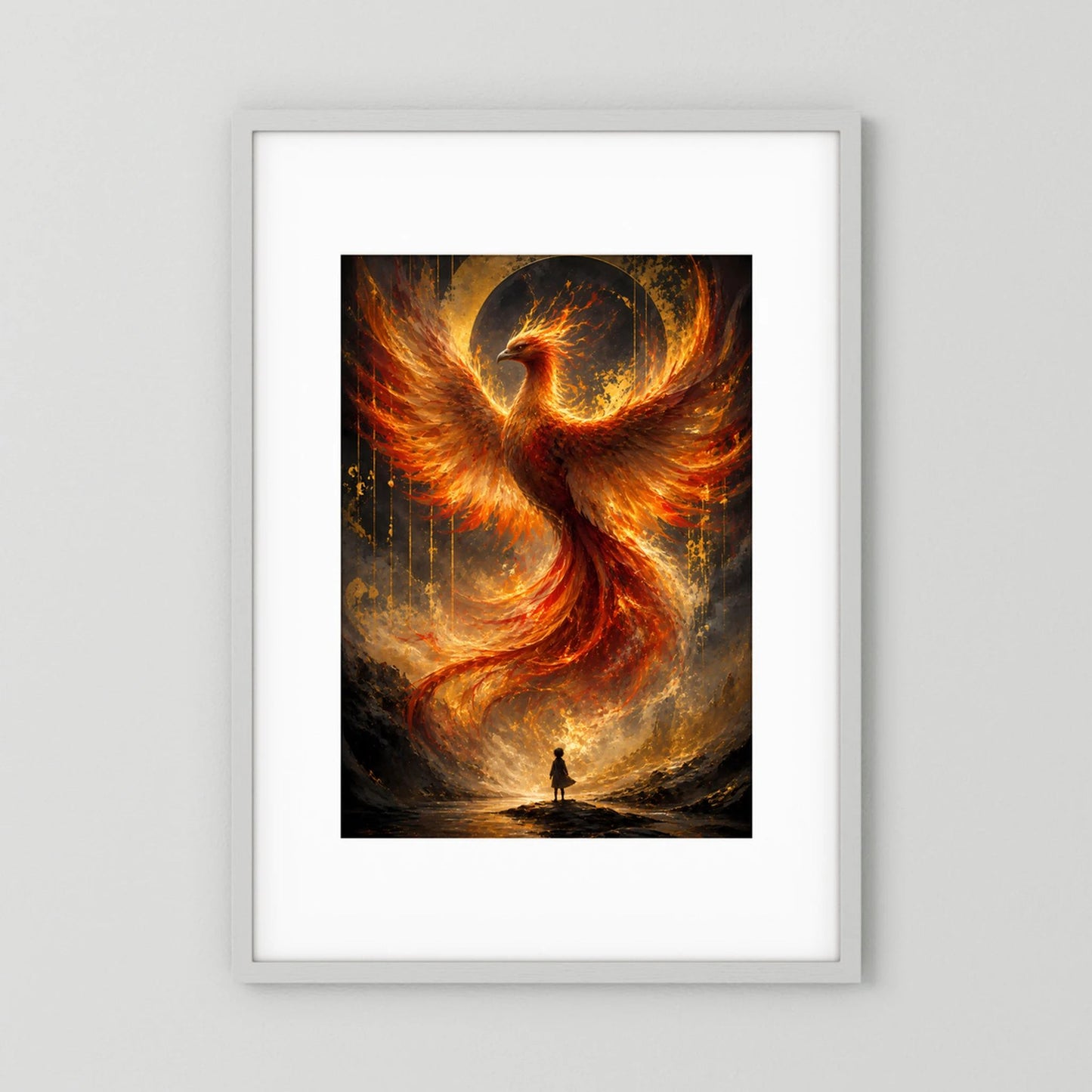 Hochformat-Poster mit Phönix aus Feuer in Gold und Orange, im weißen Passepartout