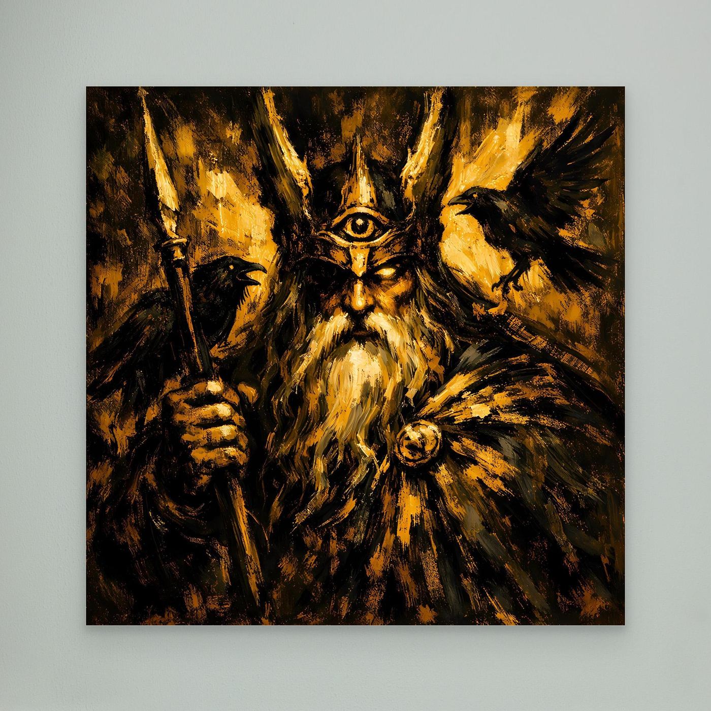 Leinwand Mythischer Allvater Odin in Goldoptik | Abstraktes Wikinger Götter Wandbild