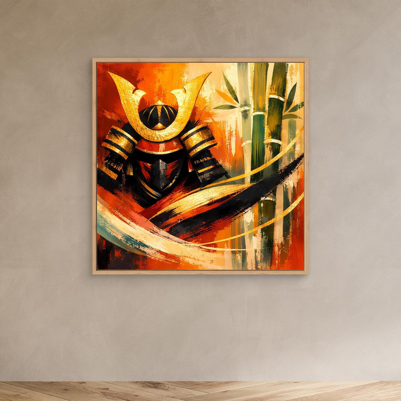 Leinwand-Wandbild mit abstraktem Samurai-Krieger und Bambus, Eichenholzrahmen