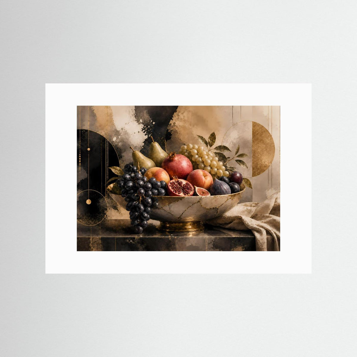 Obstposter mit weißem Rand: Schale mit Trauben und Granatapfel, Querformat
