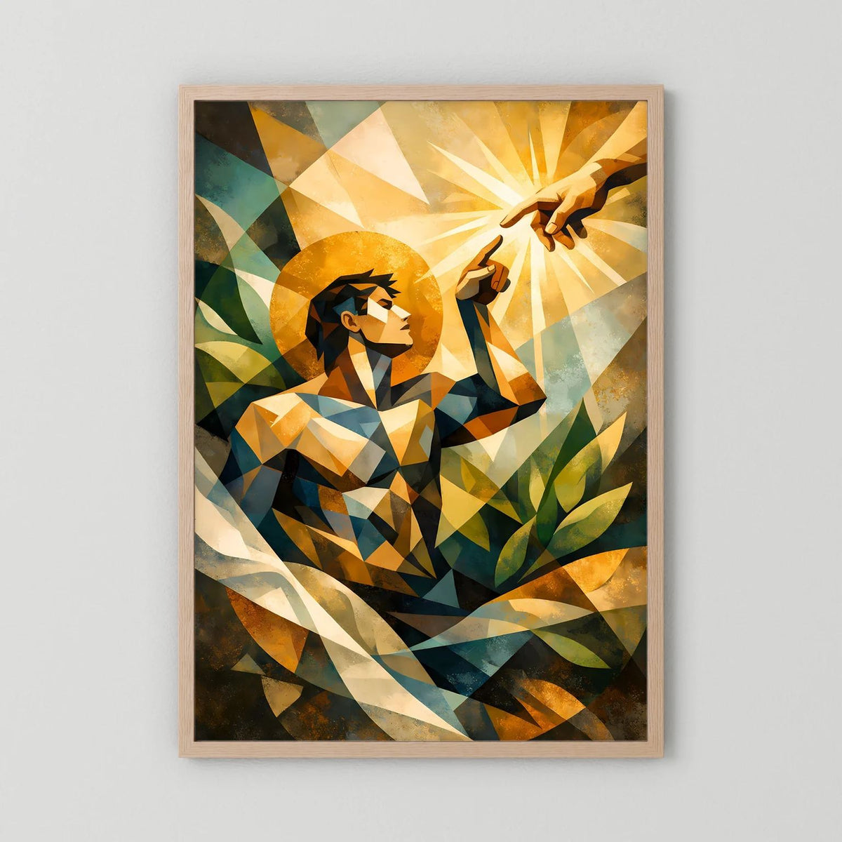 Gerahmtes Poster im Hochformat mit geometrischem Menschen, goldene Strahlen, Eichenrahmen hell
