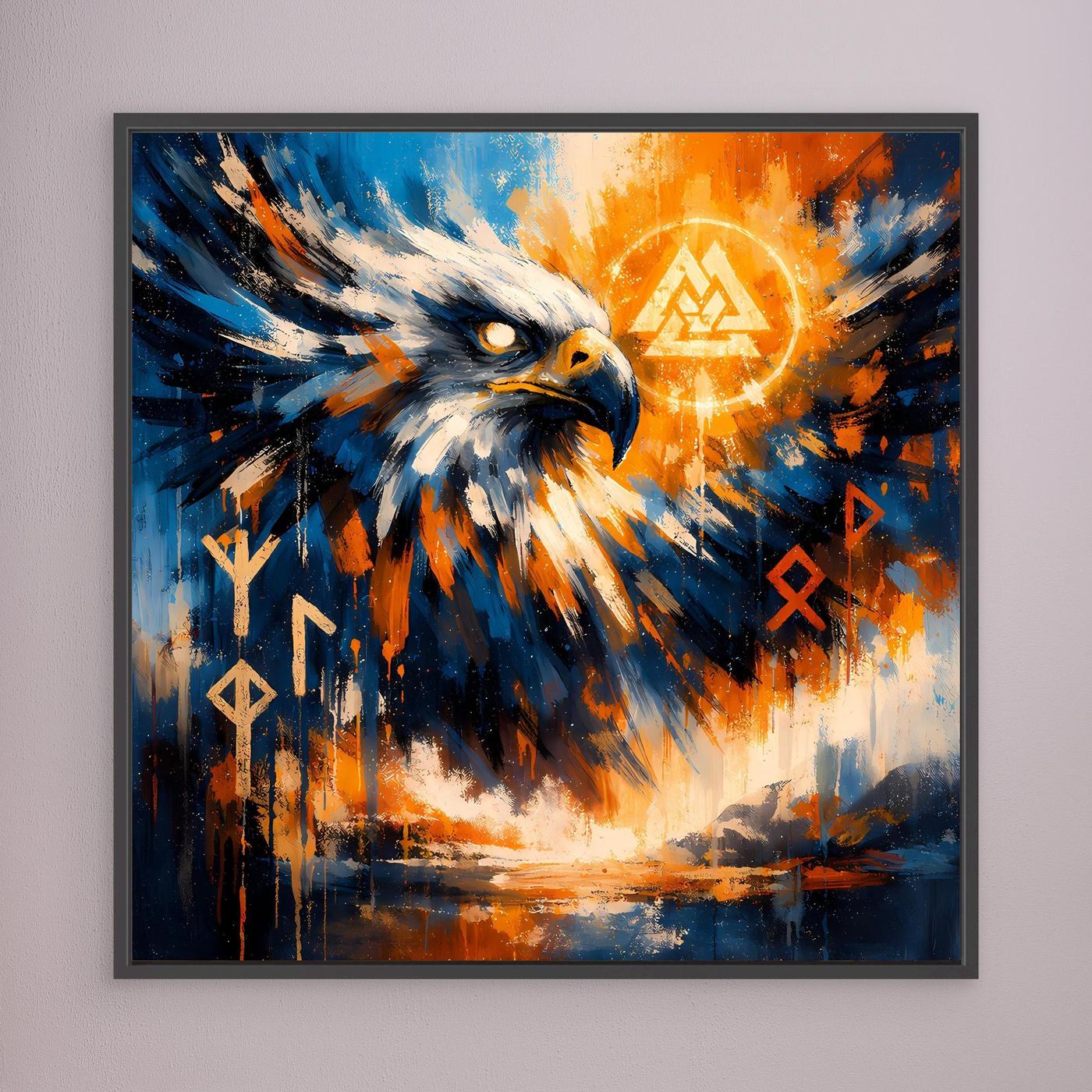 Abstraktes Adler-Leinwandbild in Blau-Orange mit Sonnensymbol und Runen im schwarzen Rahmen