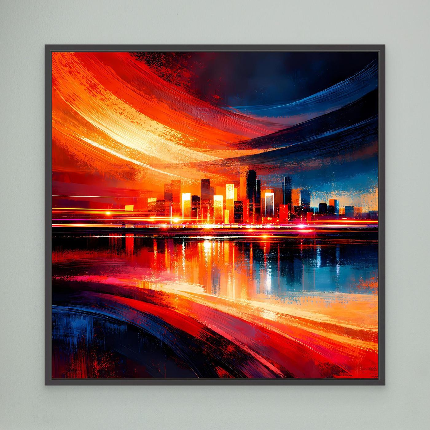 Leinwandbild mit abstrakter Skyline, rote und blaue Lichtspuren, schwarzer Rahmen