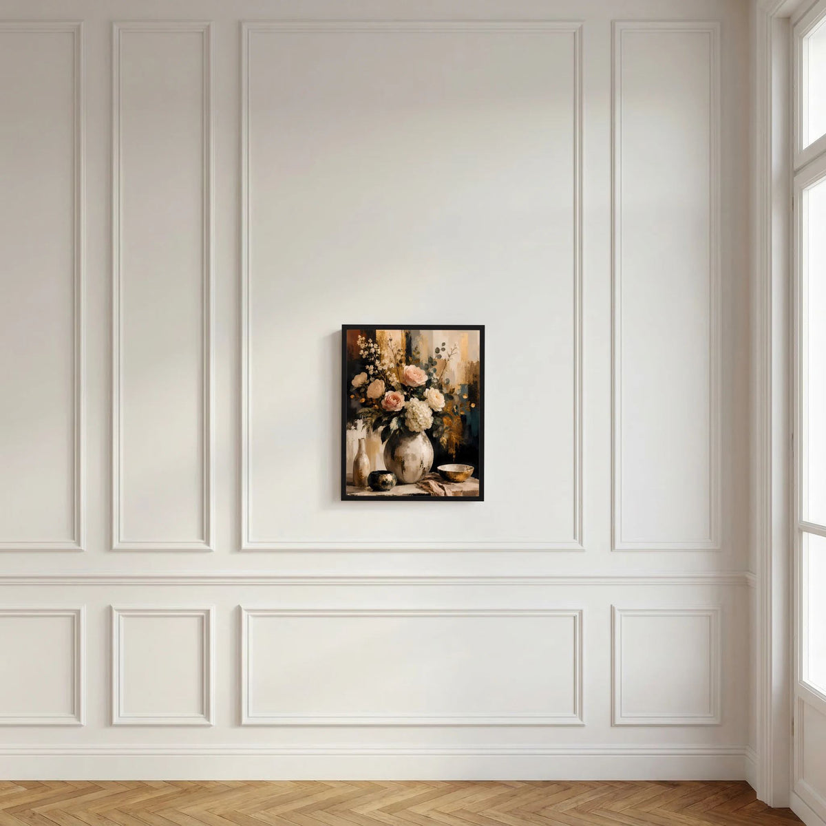 Blumenstillleben-Poster mit Rosen und Hortensien in Vase, abstrakt, im schwarzen Rahmen