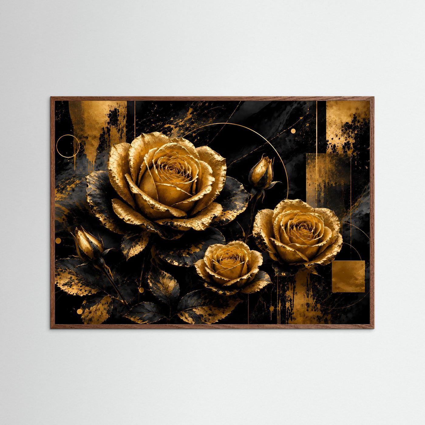Gerahmtes Poster mit goldenen Rosen auf schwarzem Hintergrund, dunkler Holzrahmen, ohne weißen Rand