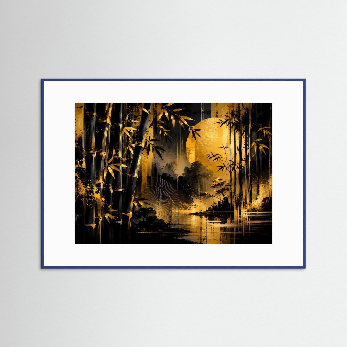 Goldener Bambuswald bei Mondlicht | Elegante asiatische Naturkunst in Schwarz & Gold mit Wasserreflexion | Luxuriöse abstrakte Wandkunst