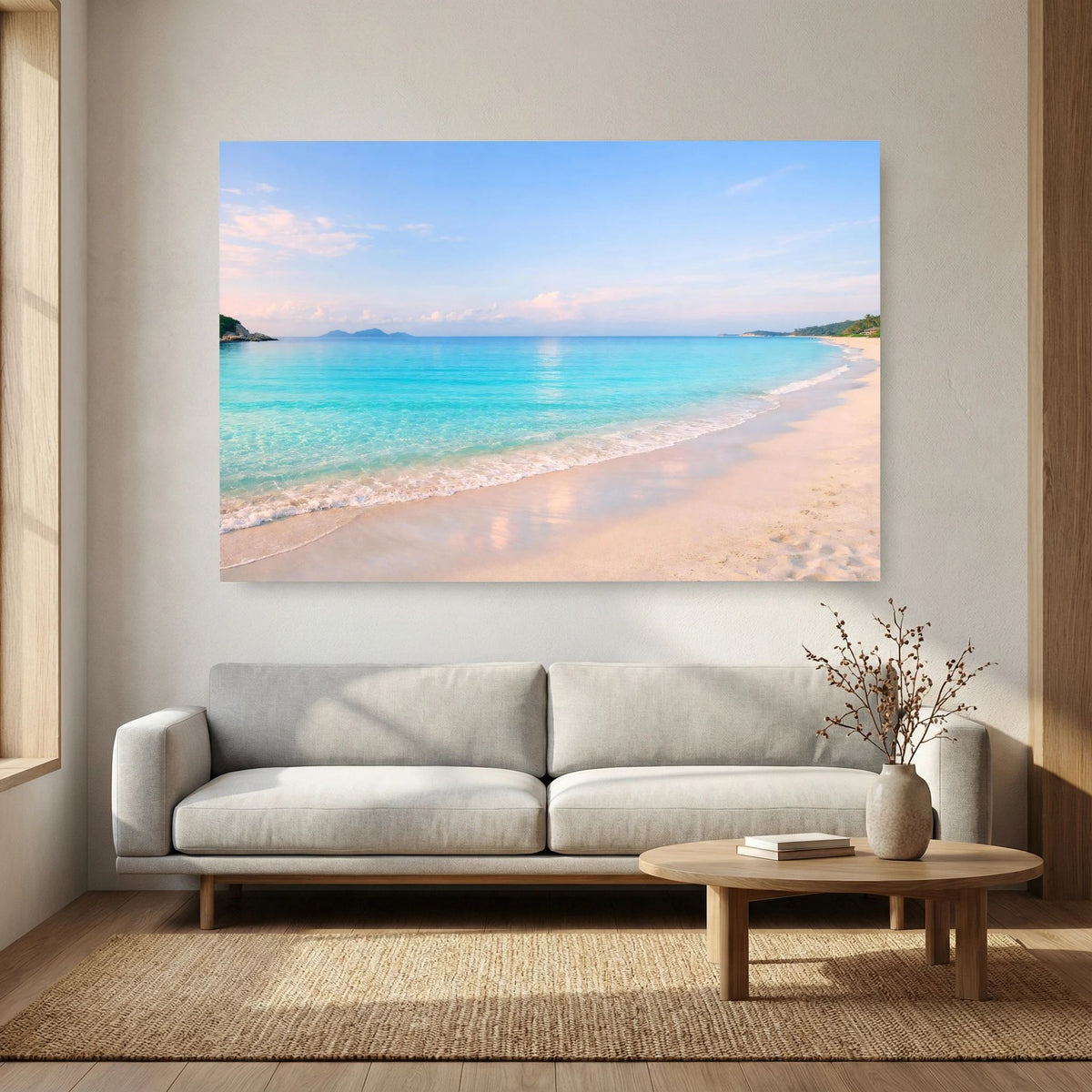 Wandbild im Querformat mit Sandstrand, türkisblauem Wasser und weiter Meereslinie.