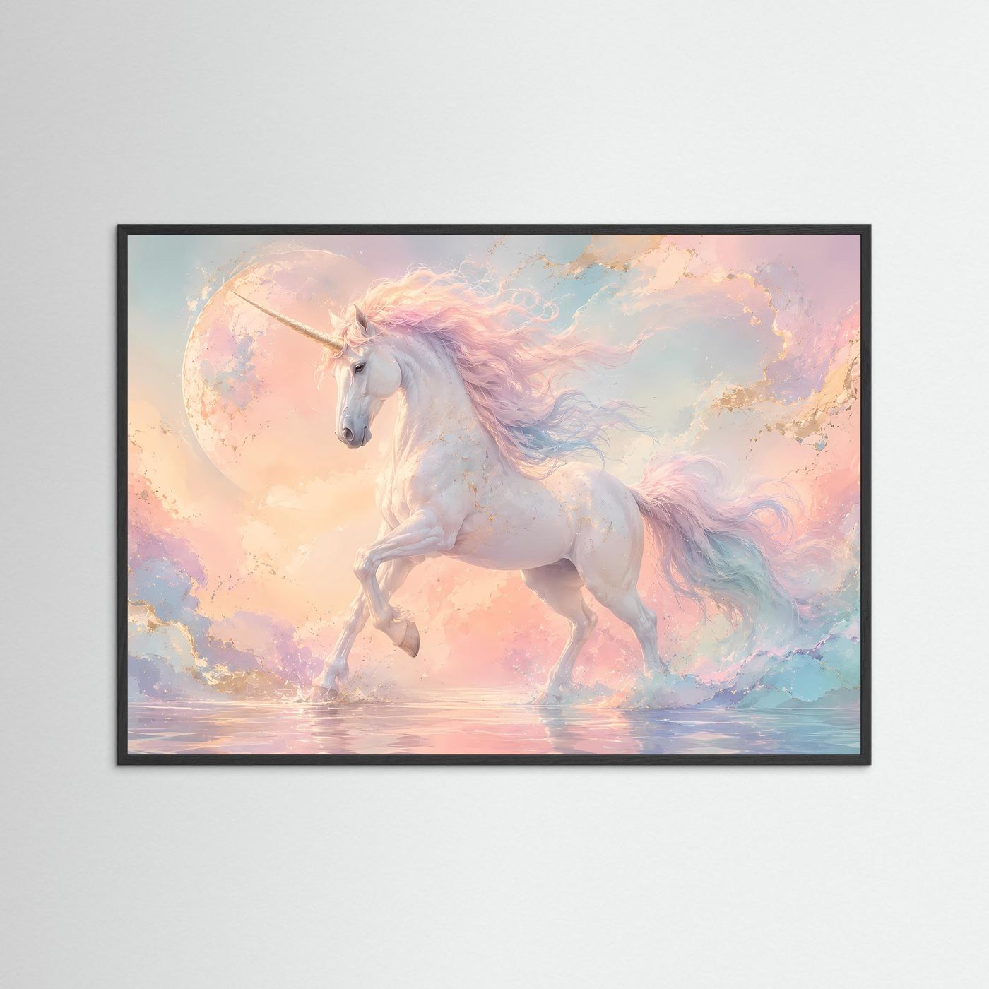 Magisches Einhorn Poster Querformat | Fantasie Wandbild Pastell Himmel & Mond | Mystische Fantasy Kunst