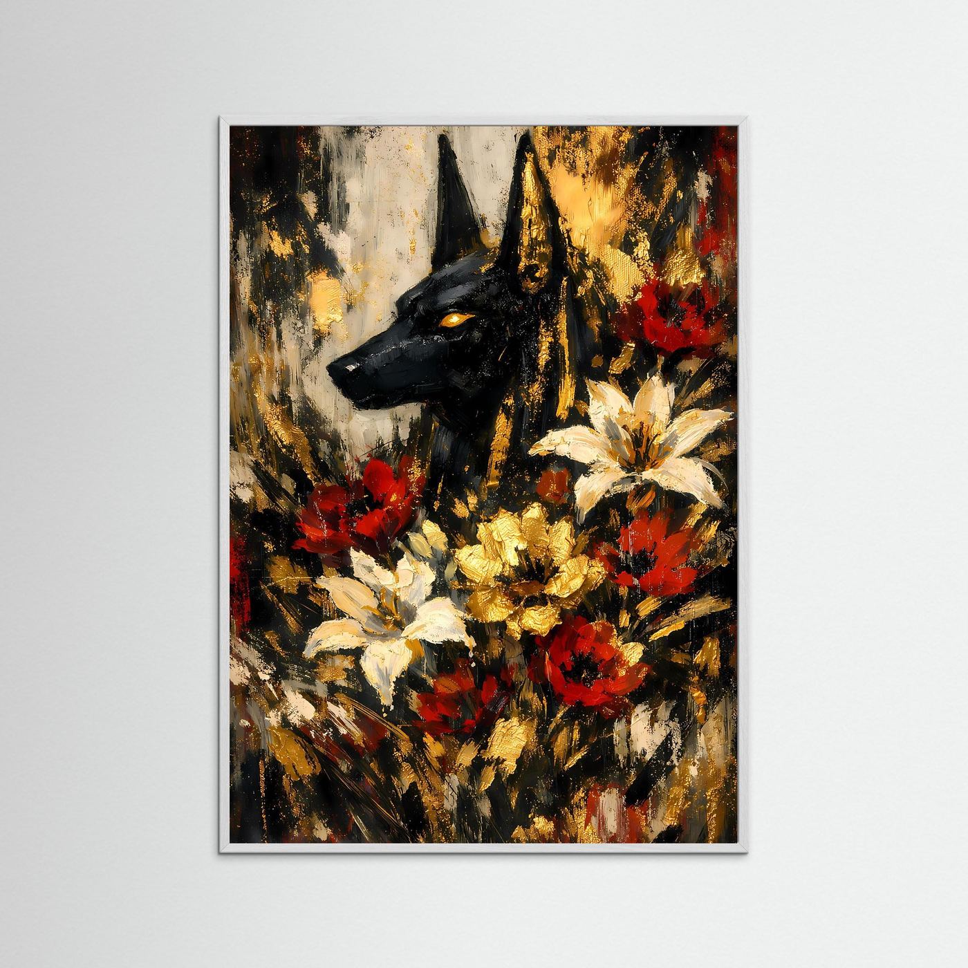Hochformatiges Poster mit abstraktem Hund und Blumen in Rot, Gelb und Gold, im weißen Holzrahmen