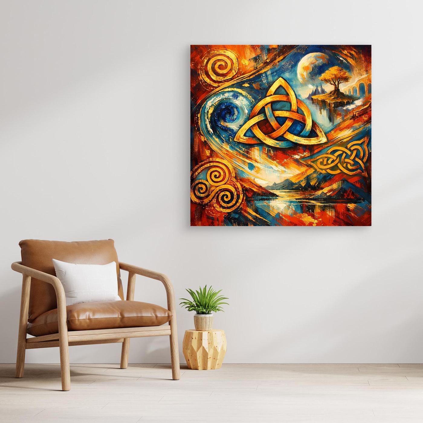 Gerahmtes Leinwandbild mit keltischer Triquetra, abstrakter Landschaft und Wirbelornamenten in Bunt.