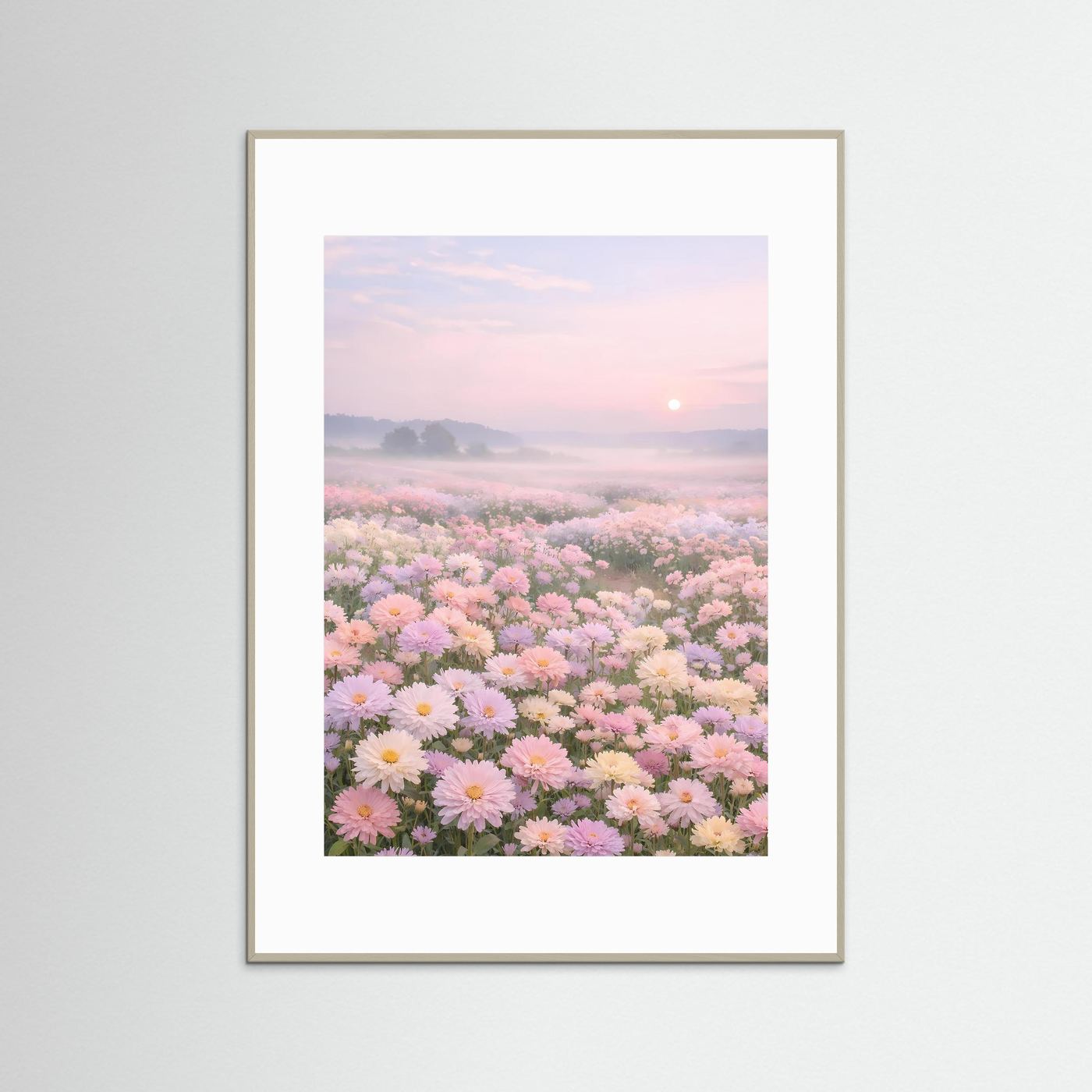 Blumenfeld-Poster im Hochformat mit Pastellblüten und Sonnenaufgang, weißer Rahmen