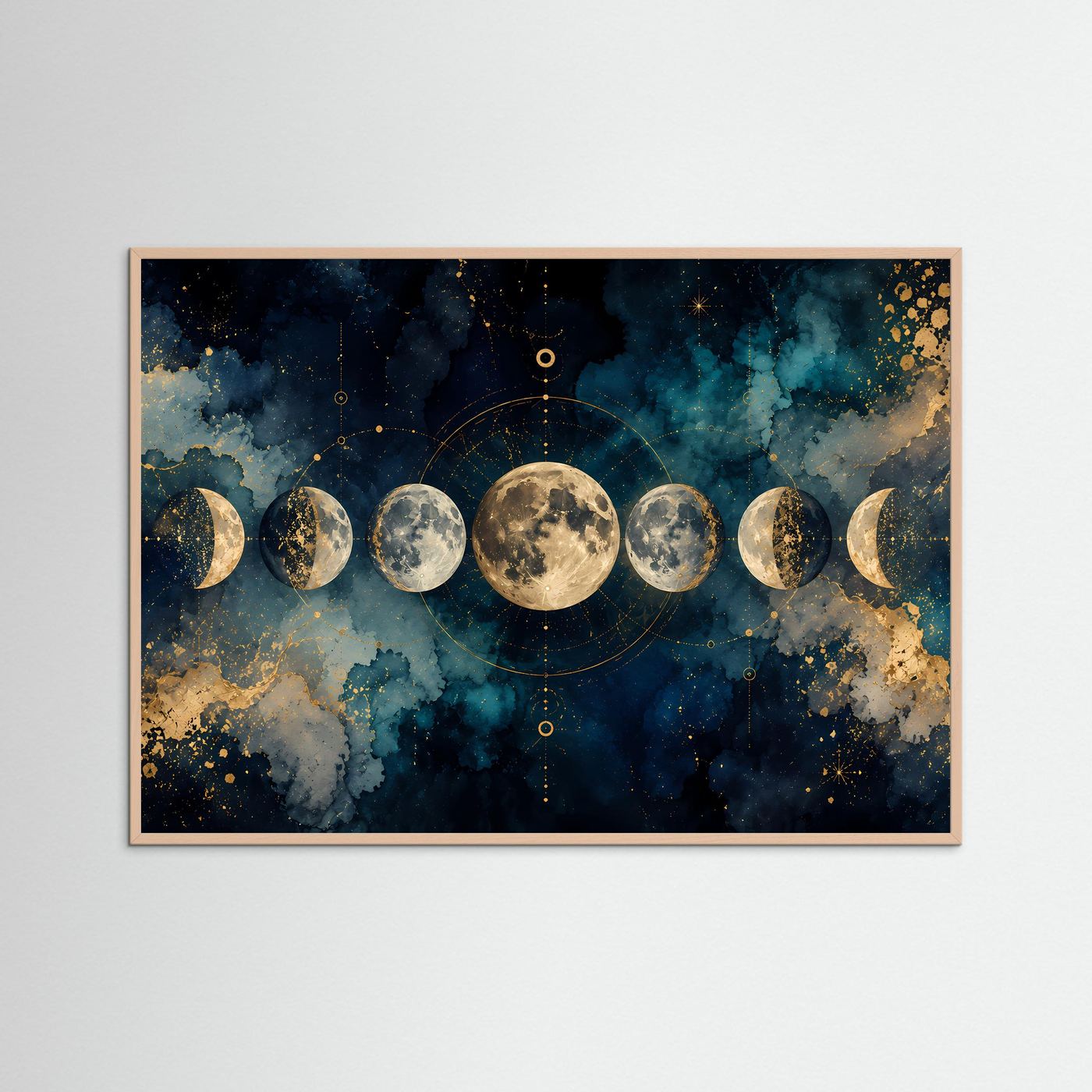 Wandbild mit Mondphasen, blaues Sternenbild, helle Holzrahmung
