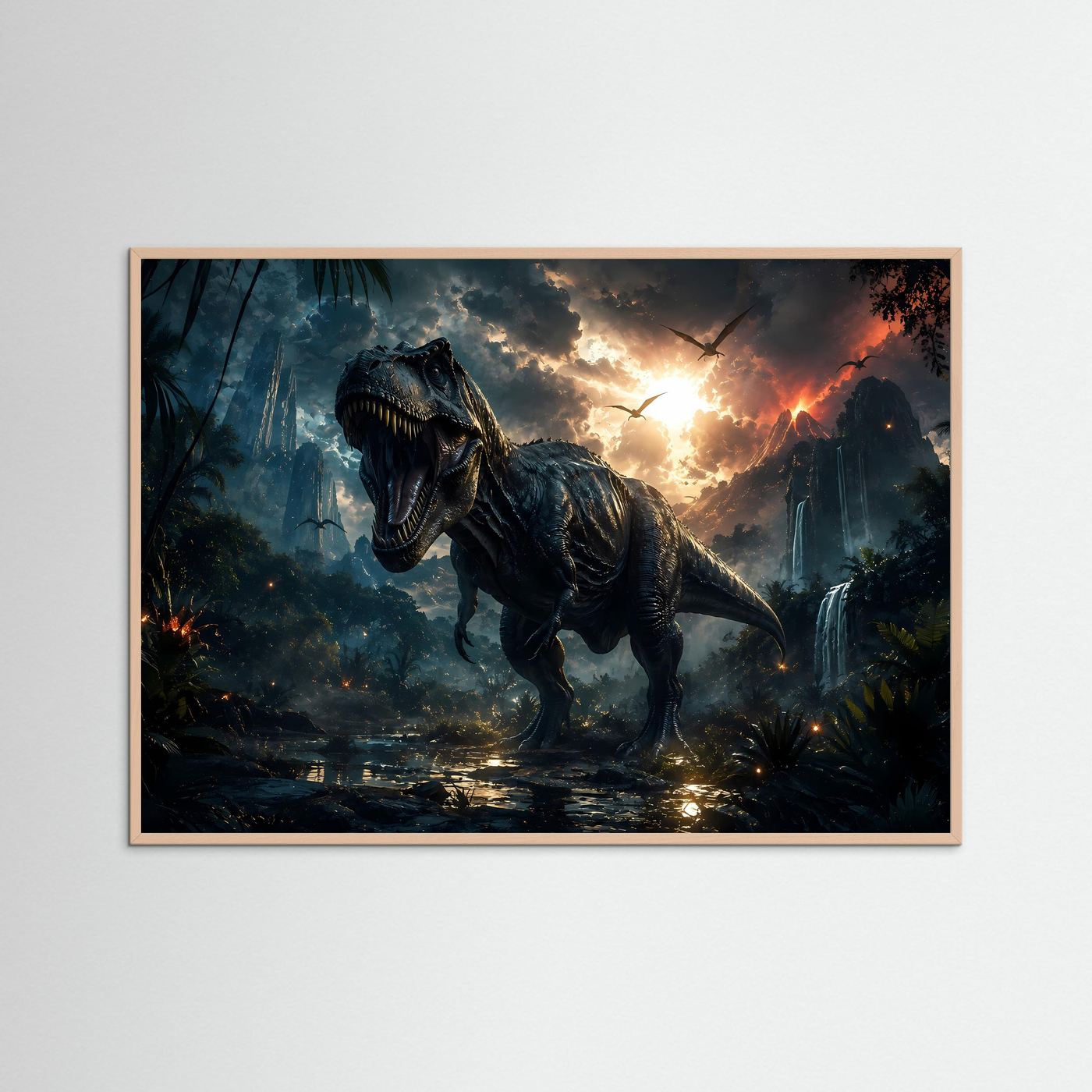 T-Rex im Vulkan-Dschungel | Dramatische Dinosaurier Wandkunst