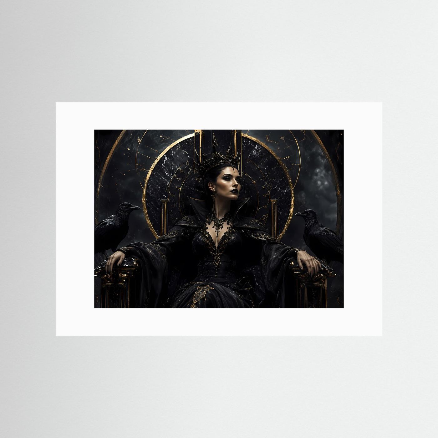 Dunkle Königin auf Marmorthron – Gothic Fantasy Motiv mit Krone & Raben