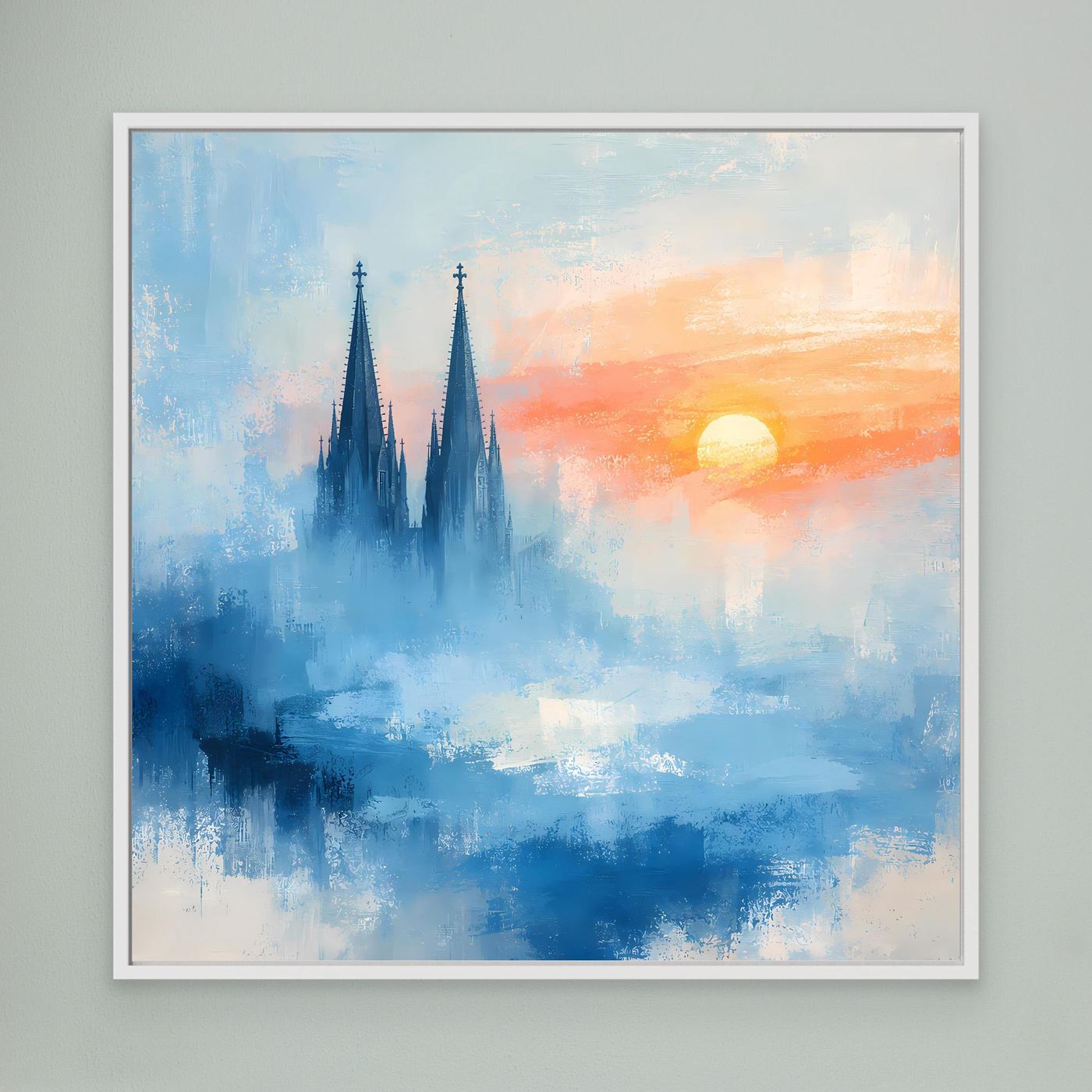 Kölner Dom Silhouette in Nebelblau | Moderne Abstrakte Leinwand mit Sonnenaufgang