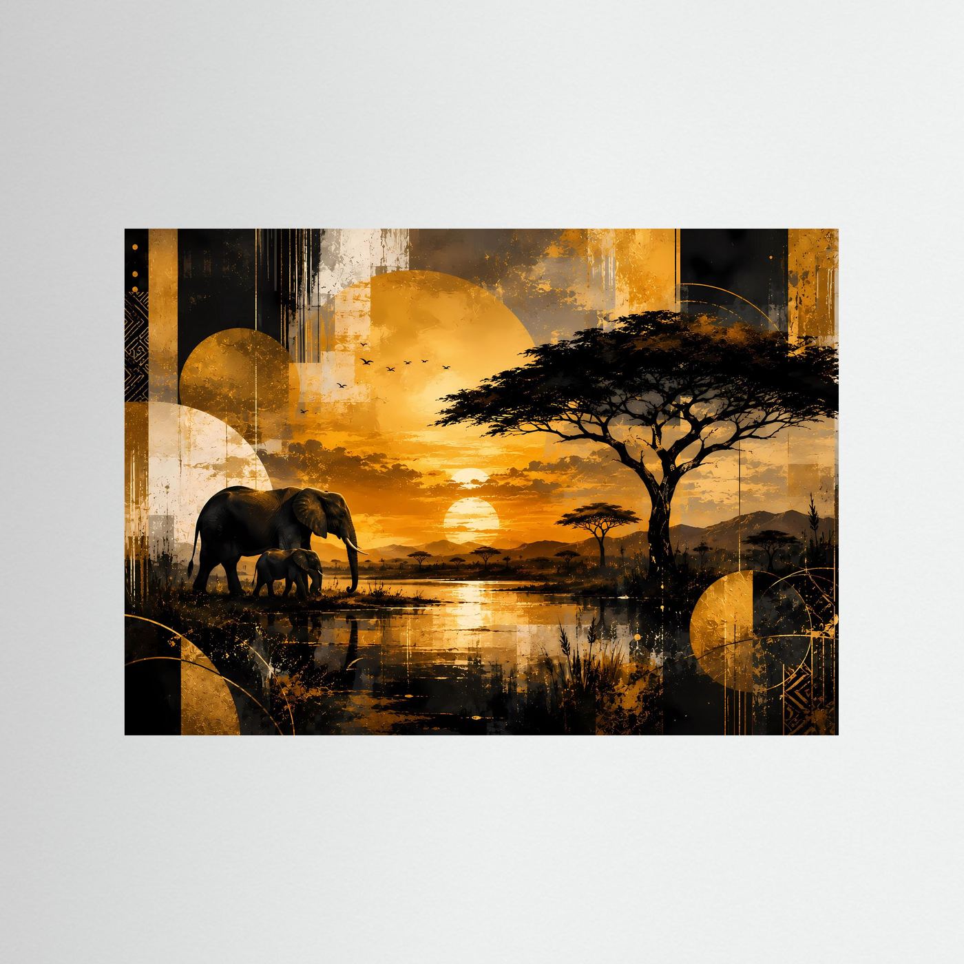 Poster im Querformat mit afrikanischer Savanne, Elefanten und goldener Abendsonne; schwarzer Rahmen